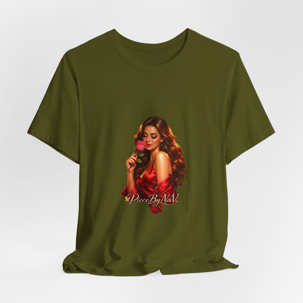 Woman with Rose Portrait Tee | Glamorous Red Dress Illustration