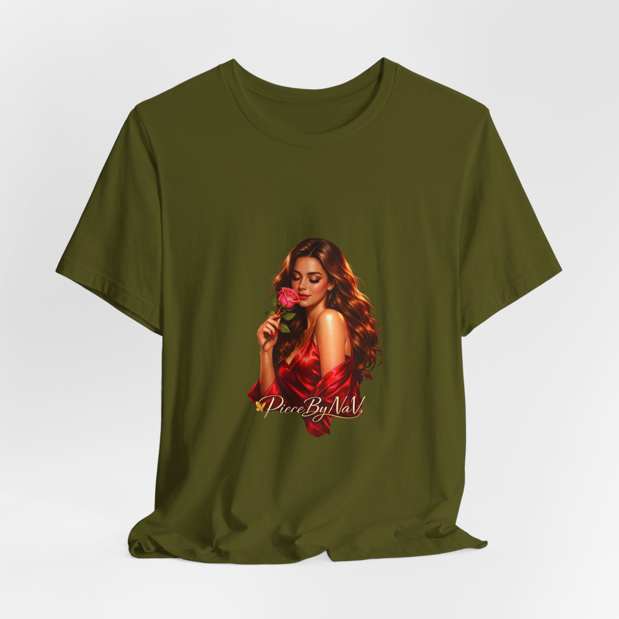 Woman with Rose Portrait Tee | Glamorous Red Dress Illustration