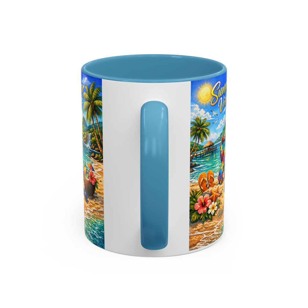 Tropical Palm Sunrise Mug | Ceramic Accent Coffee Mug 11oz 15oz, Summer Vibes Autism Awareness Mug – Tropical Beach Puzzle Ribbon Design