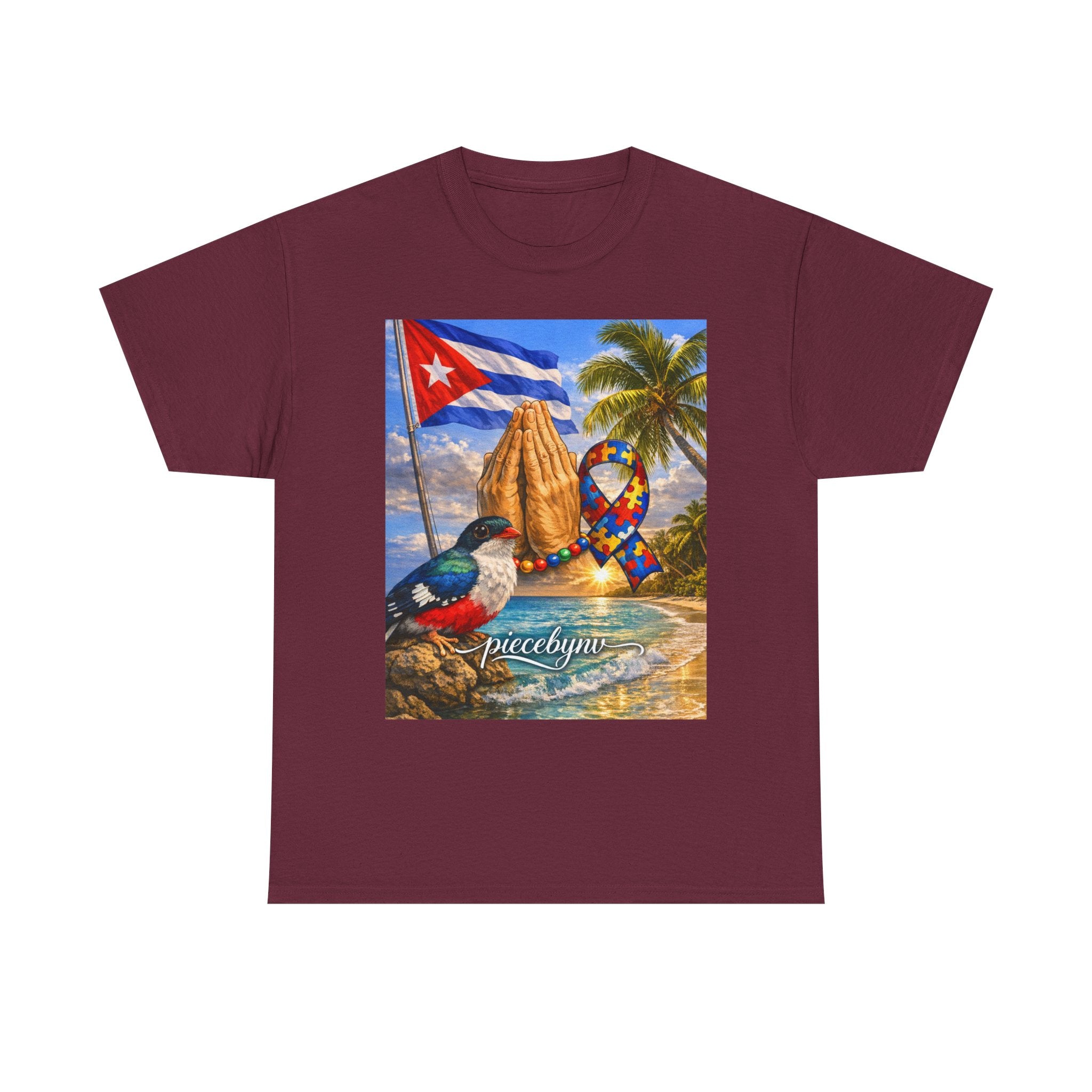 Cuban Beach Scene Prayer Hands T-Shirt | Cuban Flag, Tropical Palms, Hummingbird