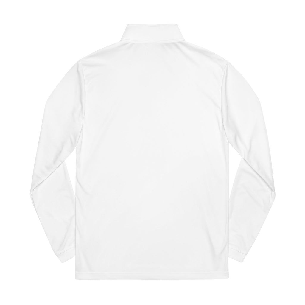 Embroidered Quarter-Zip Pullover — Abstract Gold & Navy Patch