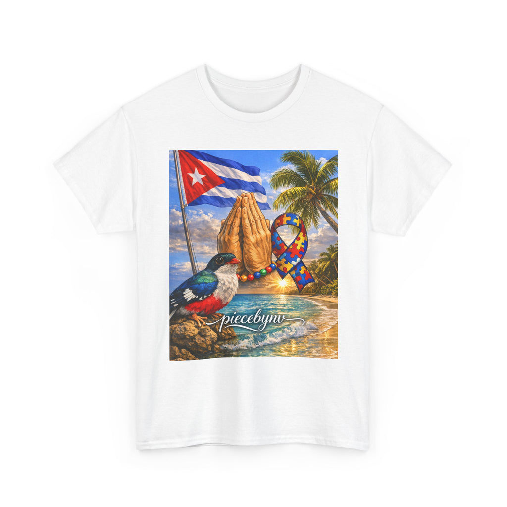 Cuban Beach Scene Prayer Hands T-Shirt | Cuban Flag, Tropical Palms, Hummingbird