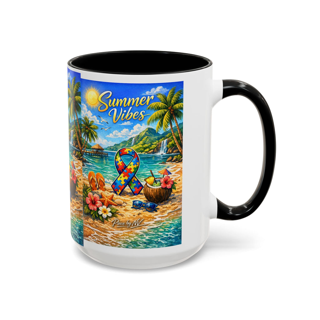 Tropical Palm Sunrise Mug | Ceramic Accent Coffee Mug 11oz 15oz, Summer Vibes Autism Awareness Mug – Tropical Beach Puzzle Ribbon Design