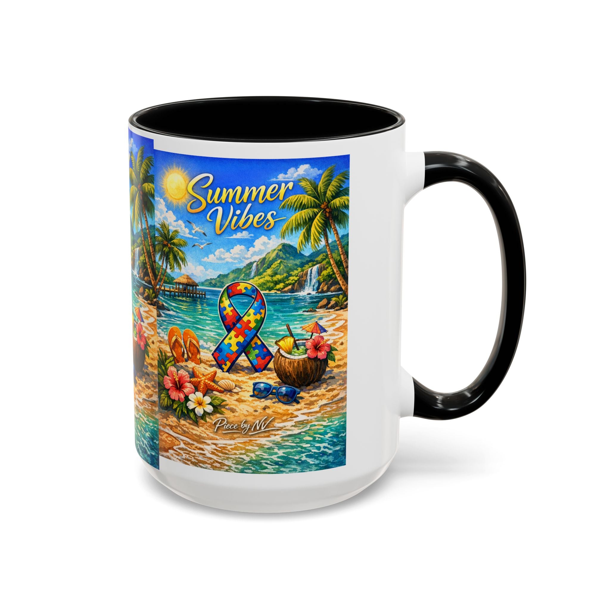 Tropical Palm Sunrise Mug | Ceramic Accent Coffee Mug 11oz 15oz, Summer Vibes Autism Awareness Mug – Tropical Beach Puzzle Ribbon Design