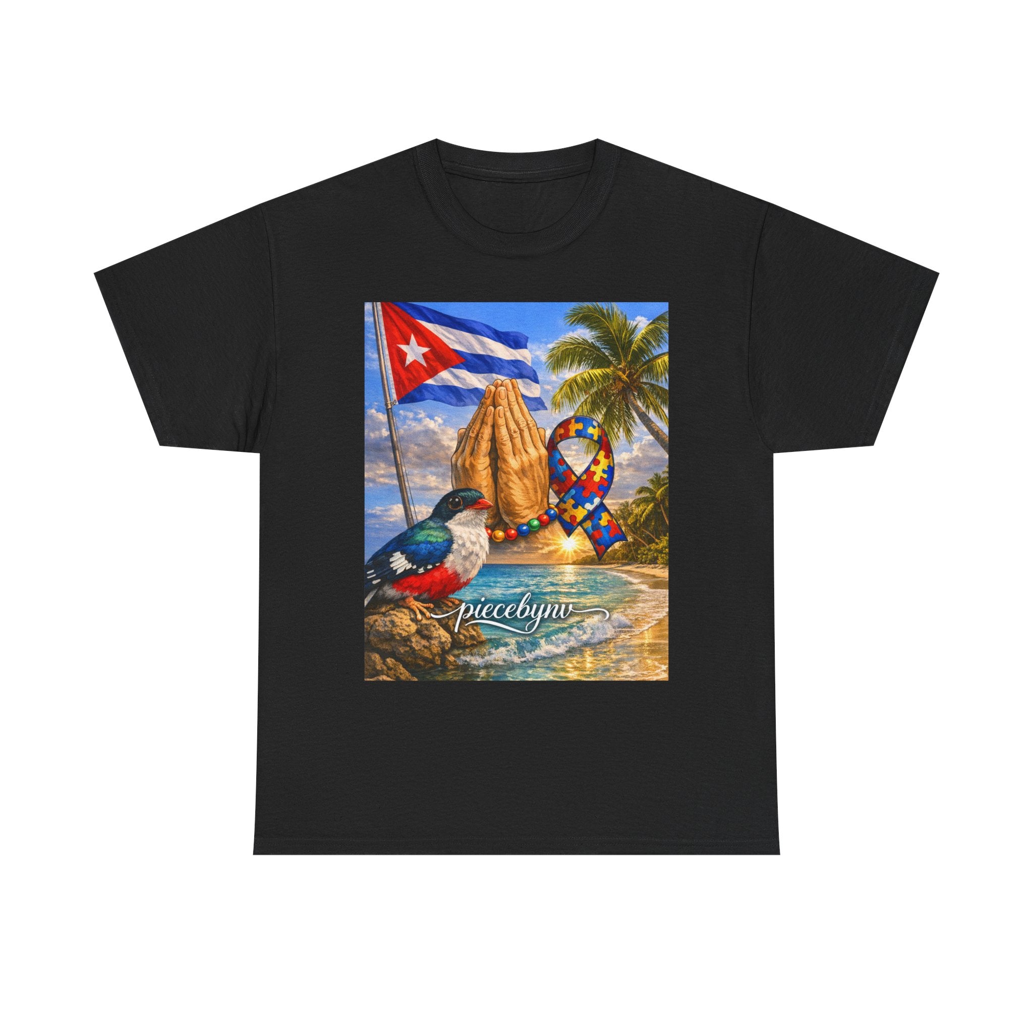 Cuban Beach Scene Prayer Hands T-Shirt | Cuban Flag, Tropical Palms, Hummingbird