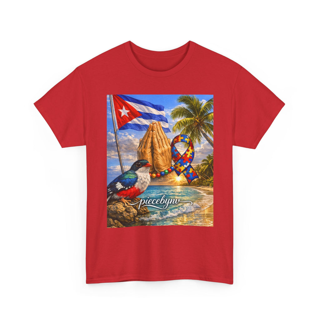 Cuban Beach Scene Prayer Hands T-Shirt | Cuban Flag, Tropical Palms, Hummingbird