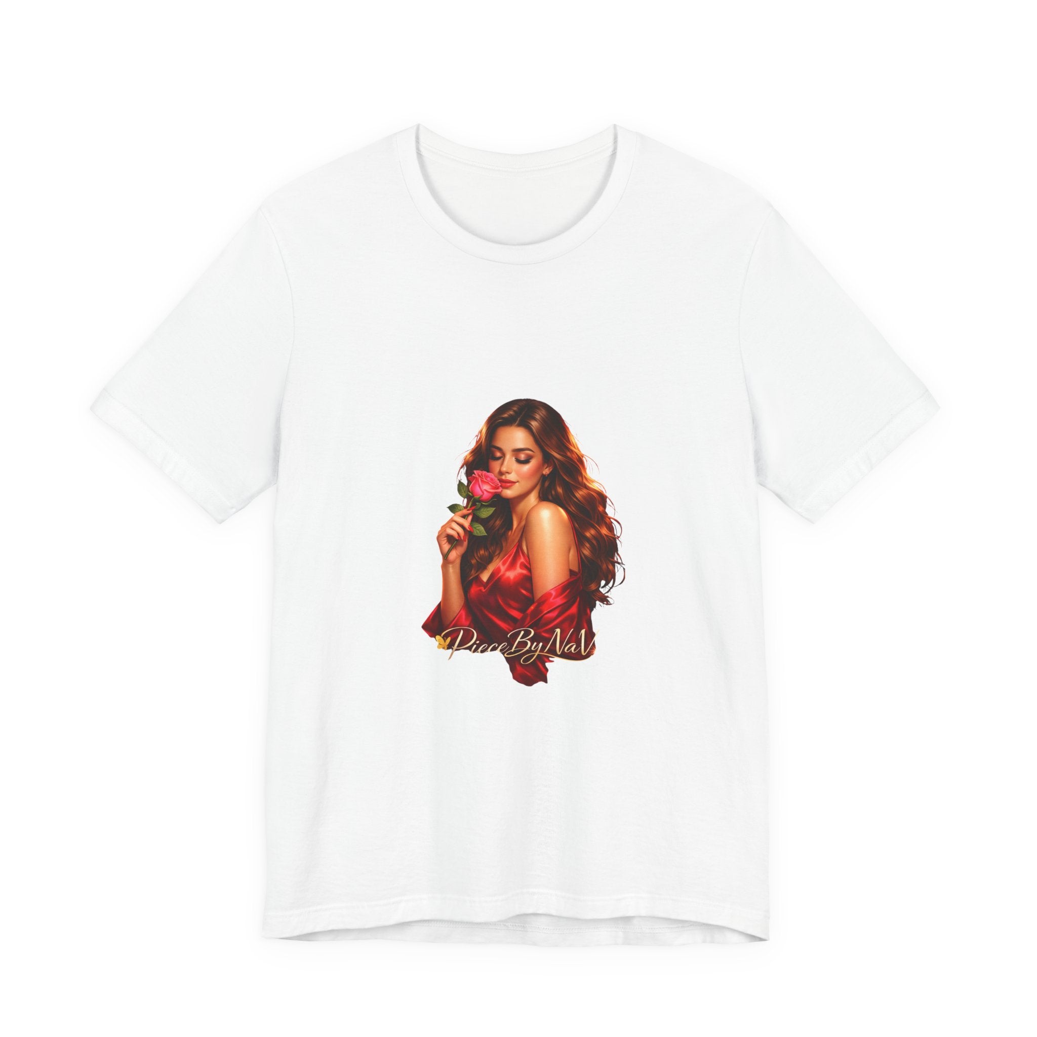 Woman with Rose Portrait Tee | Glamorous Red Dress Illustration