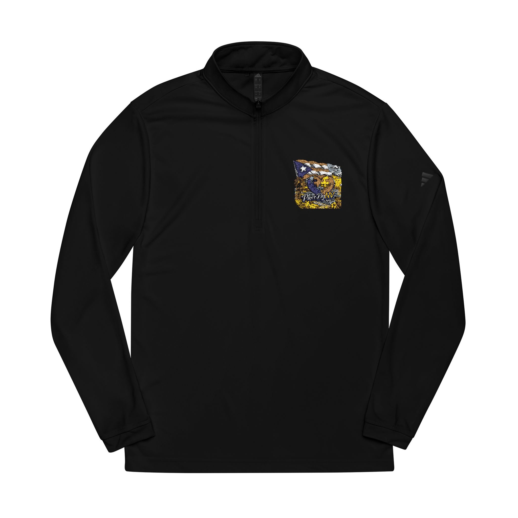 Embroidered Quarter-Zip Pullover — Abstract Gold & Navy Patch