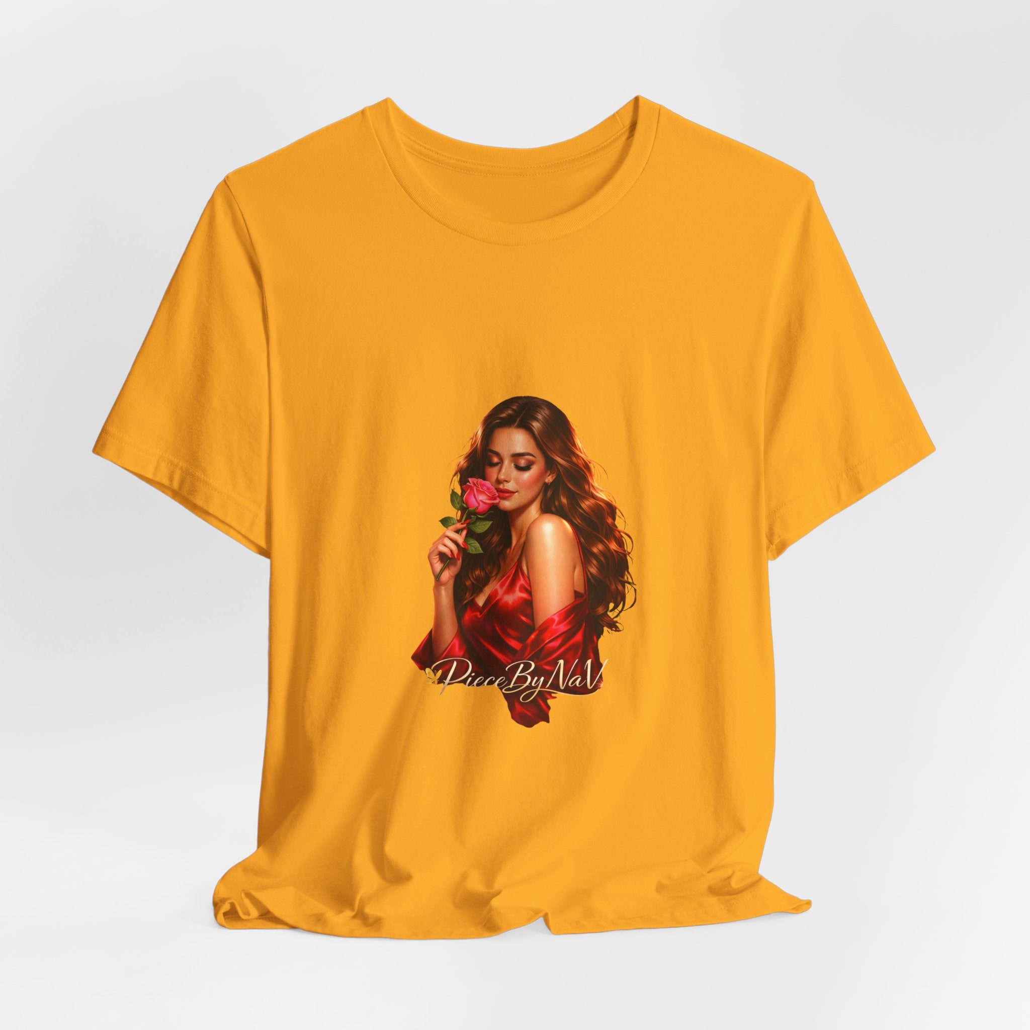 Woman with Rose Portrait Tee | Glamorous Red Dress Illustration