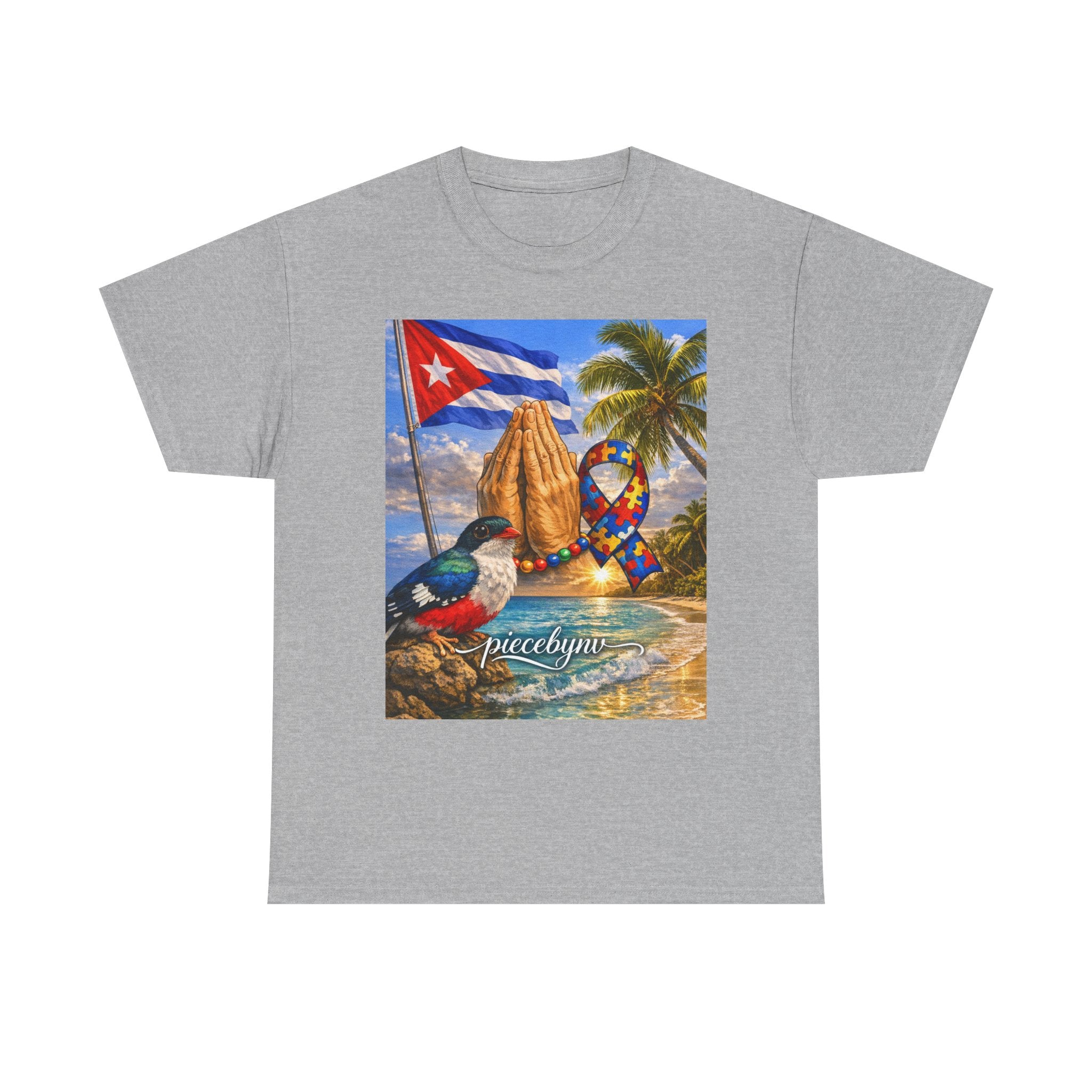 Cuban Beach Scene Prayer Hands T-Shirt | Cuban Flag, Tropical Palms, Hummingbird