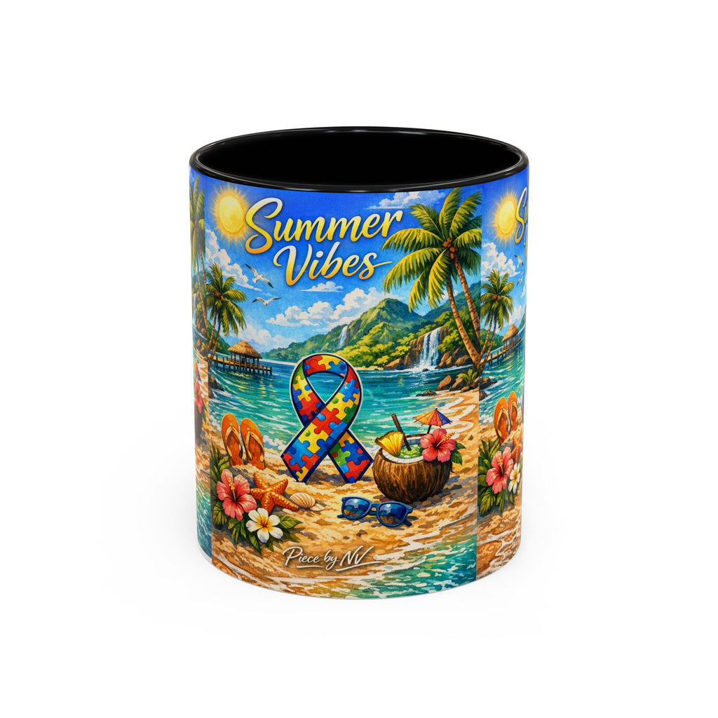 Tropical Palm Sunrise Mug | Ceramic Accent Coffee Mug 11oz 15oz, Summer Vibes Autism Awareness Mug – Tropical Beach Puzzle Ribbon Design