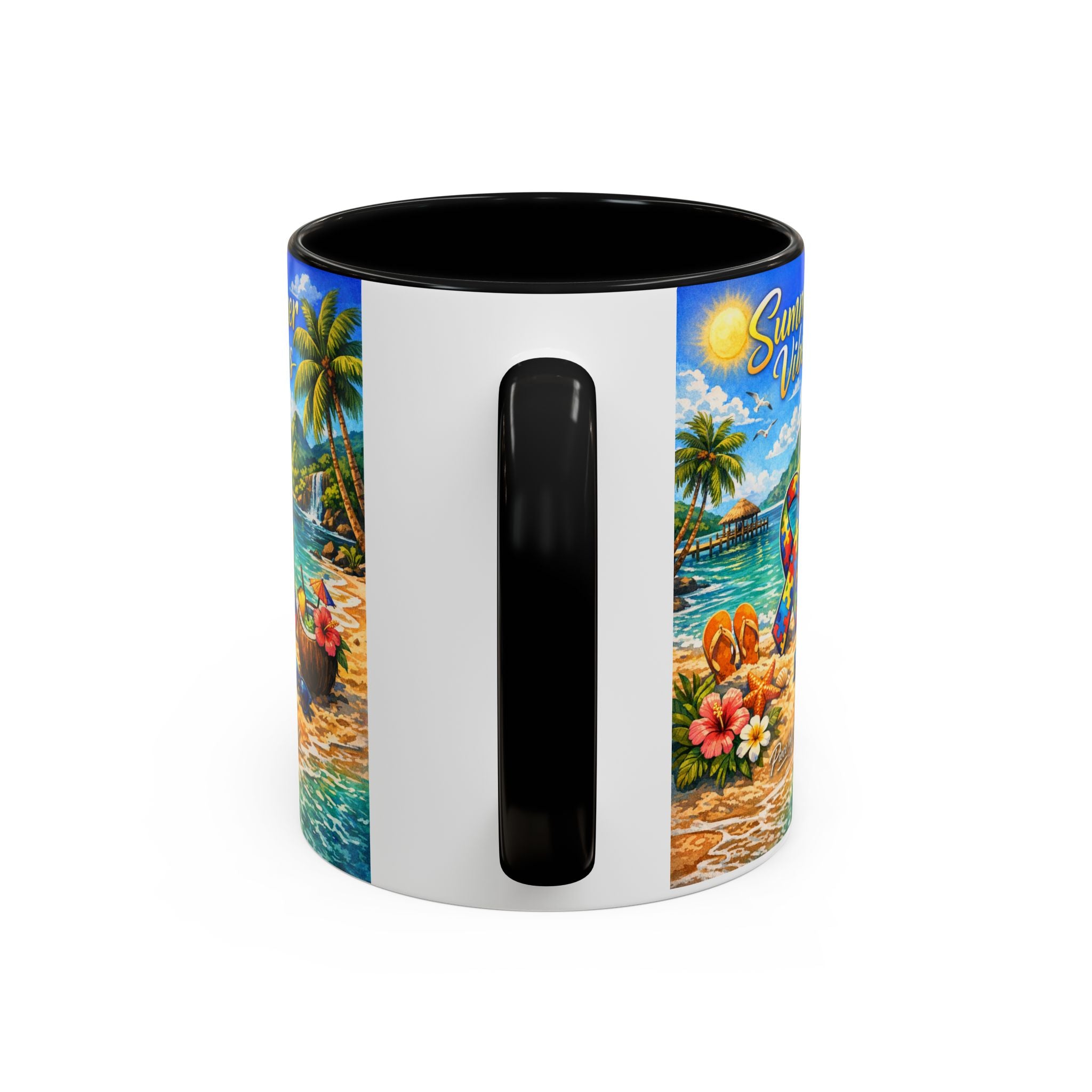 Tropical Palm Sunrise Mug | Ceramic Accent Coffee Mug 11oz 15oz, Summer Vibes Autism Awareness Mug – Tropical Beach Puzzle Ribbon Design