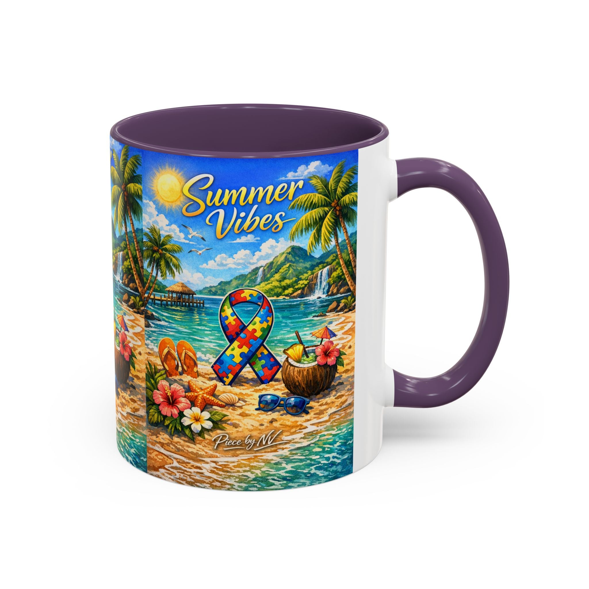Tropical Palm Sunrise Mug | Ceramic Accent Coffee Mug 11oz 15oz, Summer Vibes Autism Awareness Mug – Tropical Beach Puzzle Ribbon Design