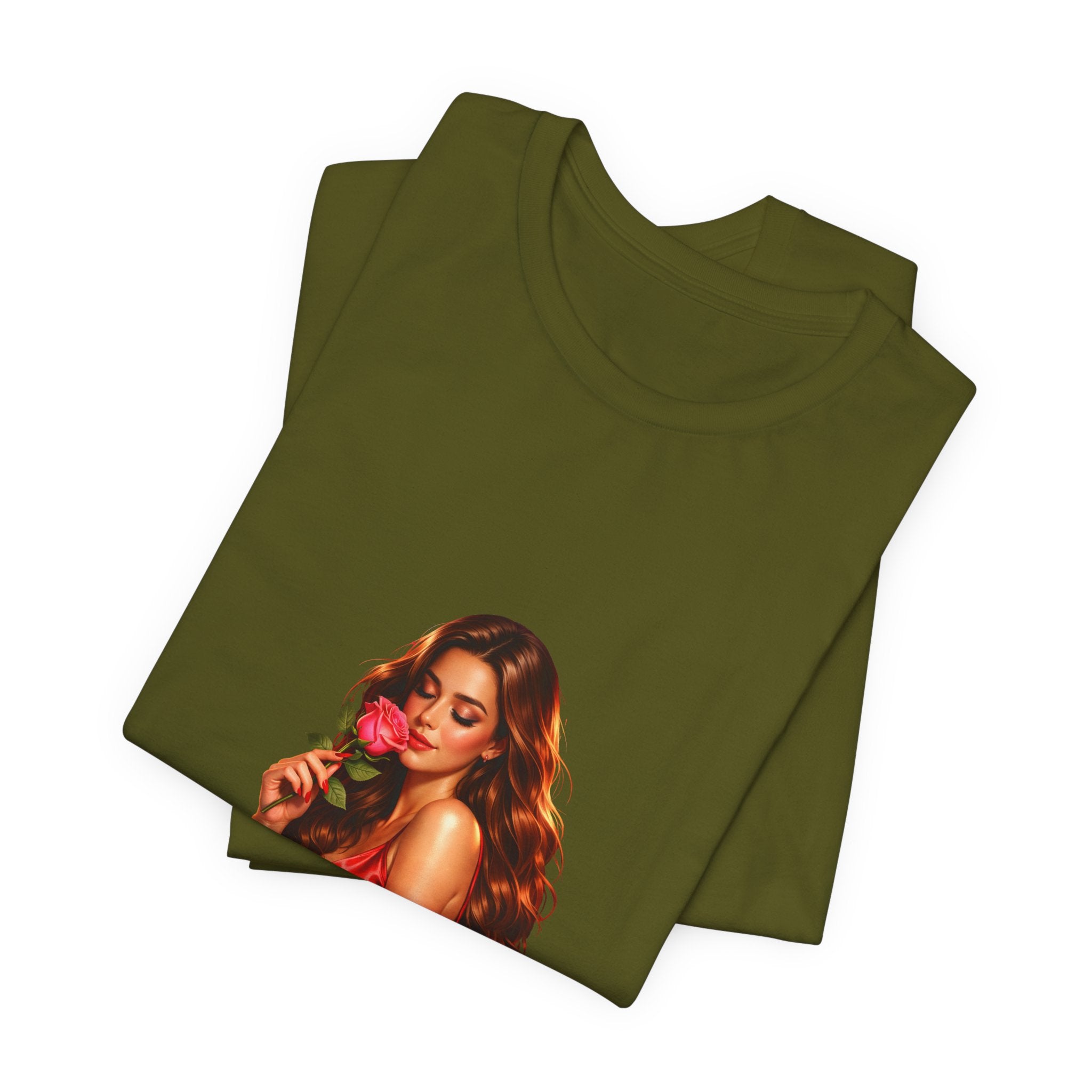 Woman with Rose Portrait Tee | Glamorous Red Dress Illustration