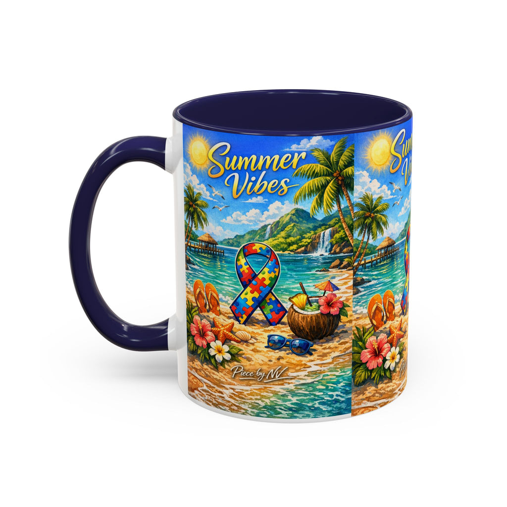 Tropical Palm Sunrise Mug | Ceramic Accent Coffee Mug 11oz 15oz, Summer Vibes Autism Awareness Mug – Tropical Beach Puzzle Ribbon Design