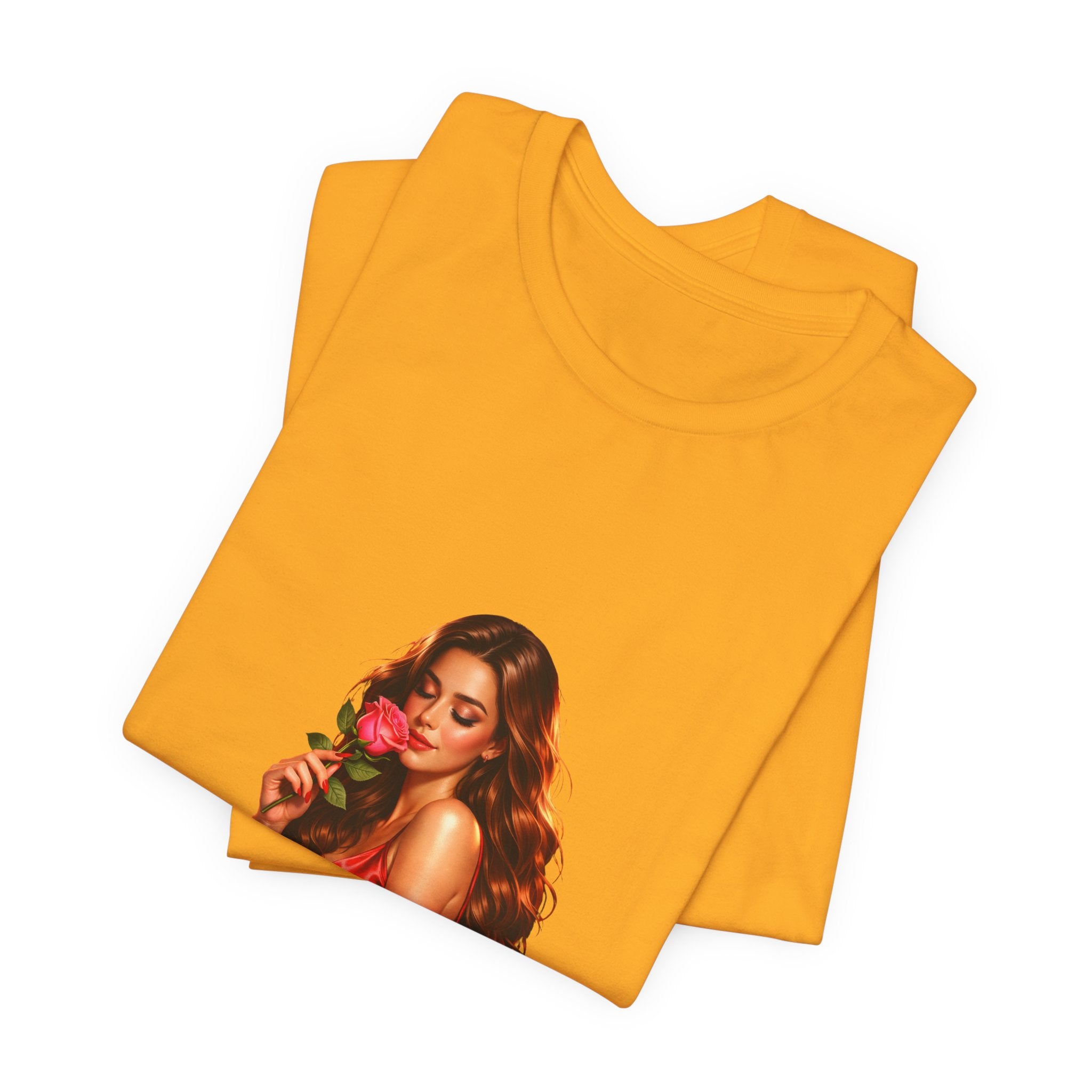 Woman with Rose Portrait Tee | Glamorous Red Dress Illustration