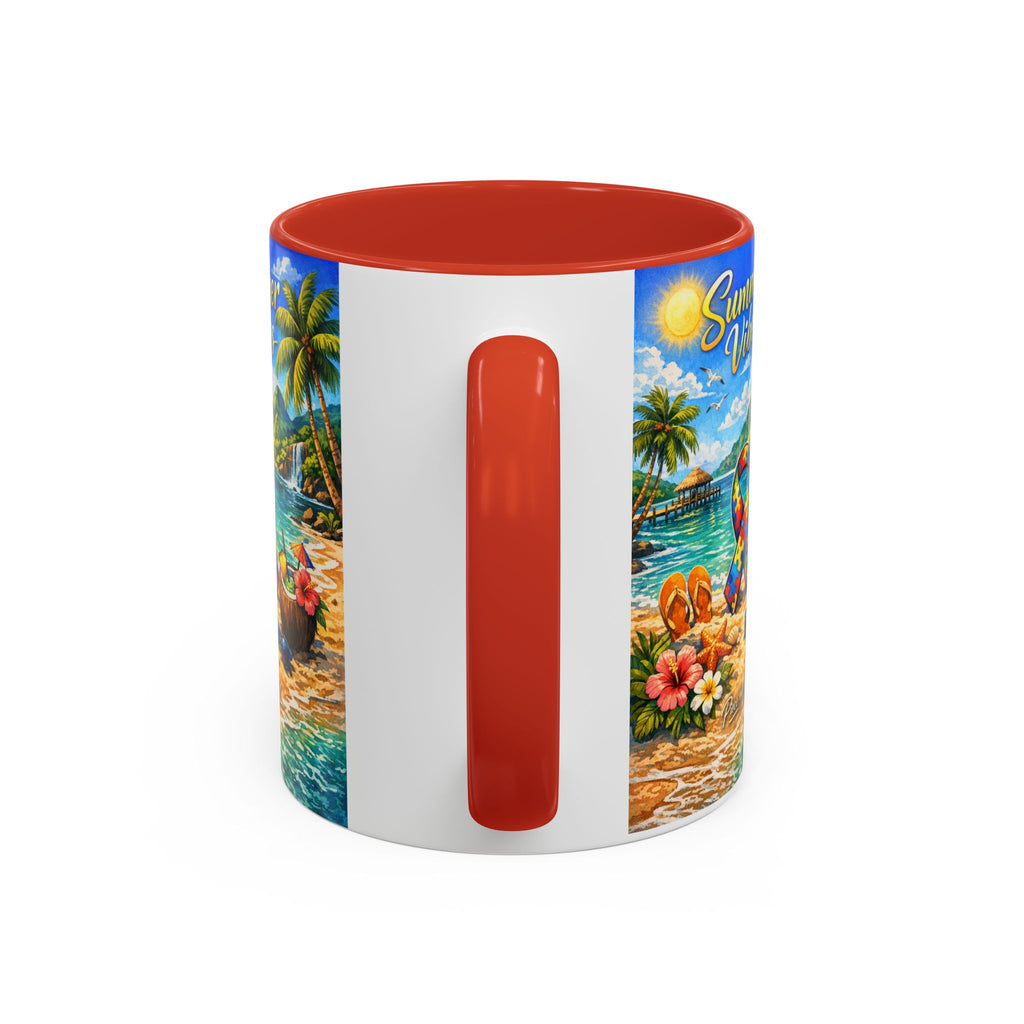 Tropical Palm Sunrise Mug | Ceramic Accent Coffee Mug 11oz 15oz, Summer Vibes Autism Awareness Mug – Tropical Beach Puzzle Ribbon Design