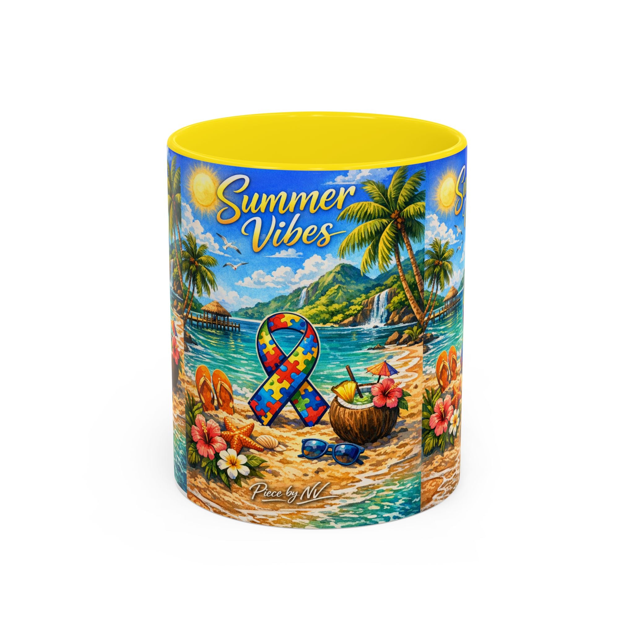 Tropical Palm Sunrise Mug | Ceramic Accent Coffee Mug 11oz 15oz, Summer Vibes Autism Awareness Mug – Tropical Beach Puzzle Ribbon Design