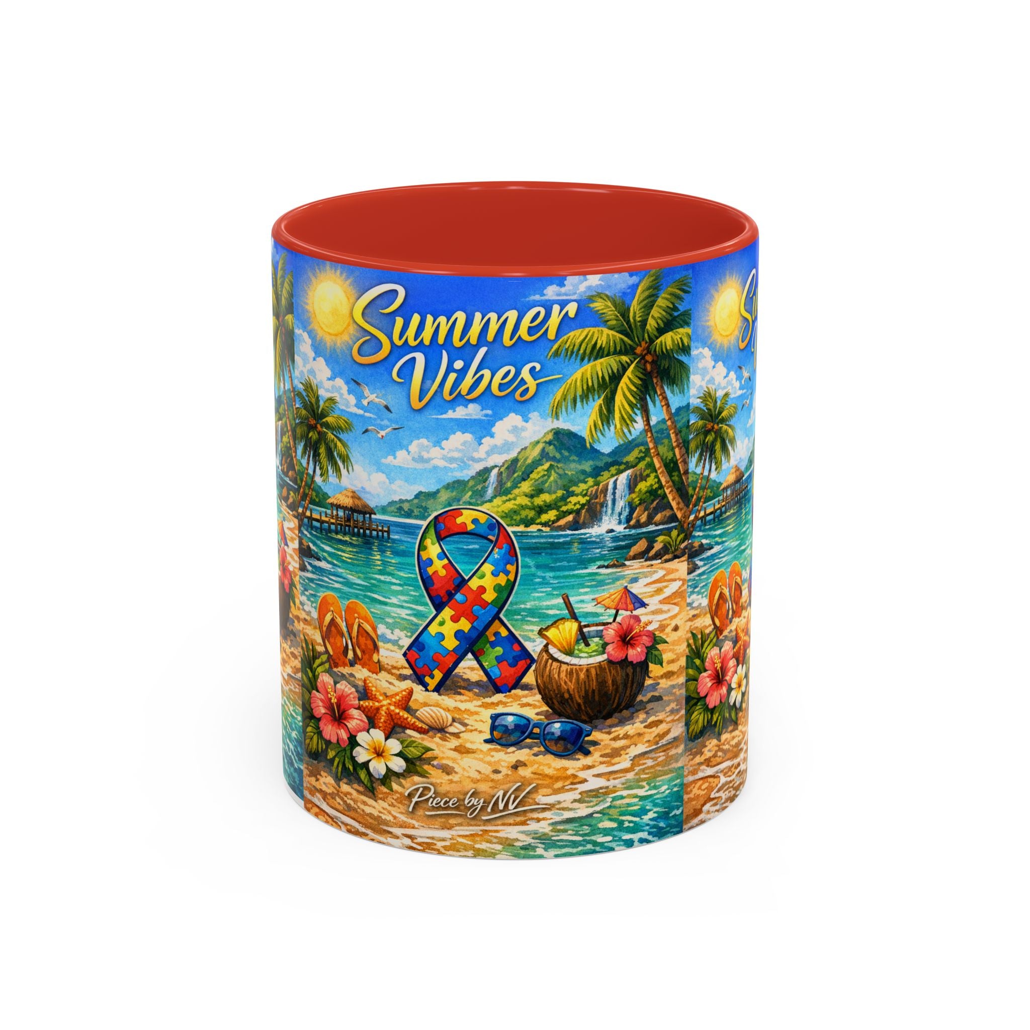 Tropical Palm Sunrise Mug | Ceramic Accent Coffee Mug 11oz 15oz, Summer Vibes Autism Awareness Mug – Tropical Beach Puzzle Ribbon Design