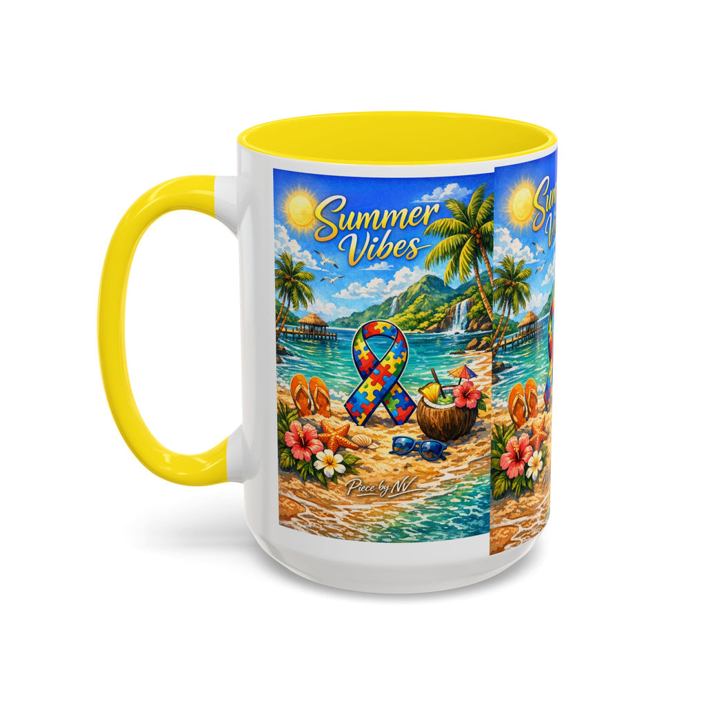 Tropical Palm Sunrise Mug | Ceramic Accent Coffee Mug 11oz 15oz, Summer Vibes Autism Awareness Mug – Tropical Beach Puzzle Ribbon Design