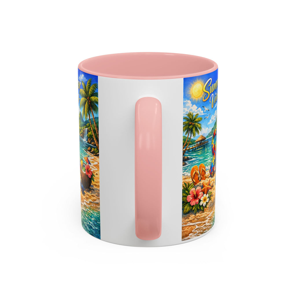 Tropical Palm Sunrise Mug | Ceramic Accent Coffee Mug 11oz 15oz, Summer Vibes Autism Awareness Mug – Tropical Beach Puzzle Ribbon Design