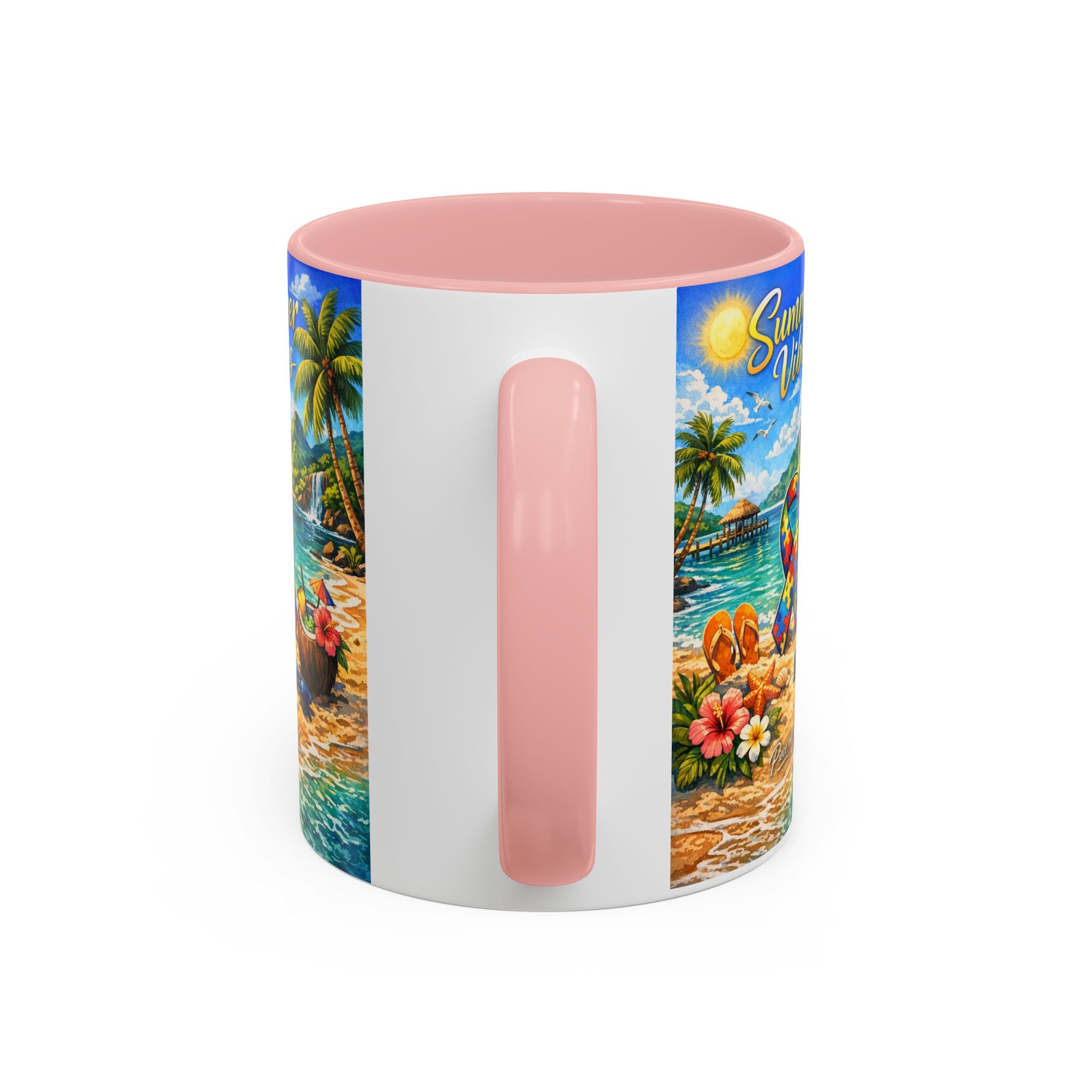 Tropical Palm Sunrise Mug | Ceramic Accent Coffee Mug 11oz 15oz, Summer Vibes Autism Awareness Mug – Tropical Beach Puzzle Ribbon Design