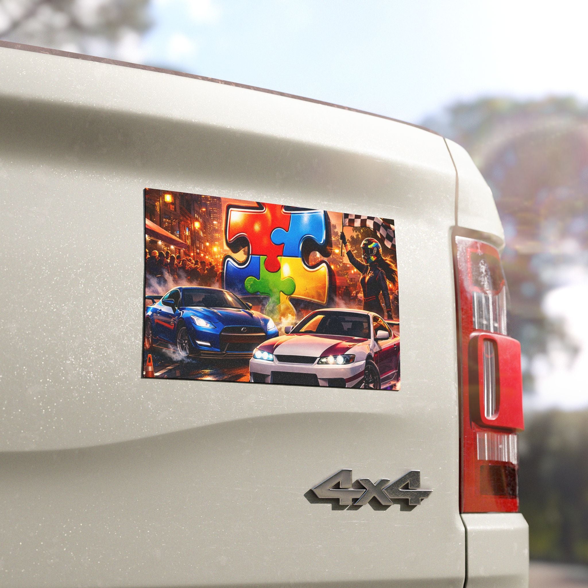 Racing Puzzle Piece Car Magnet | Magnetic Car Decal, Puzzle Autism Awareness