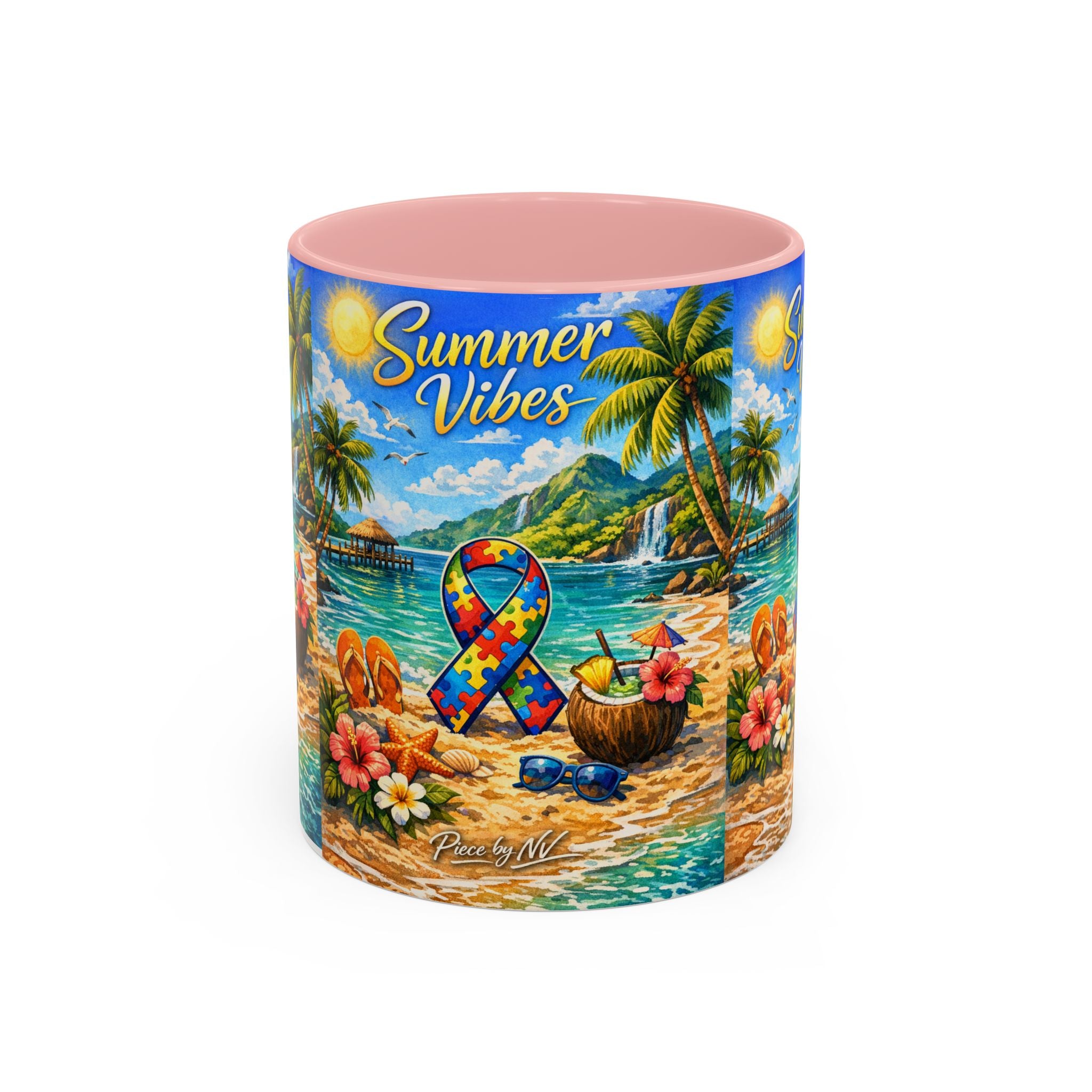 Tropical Palm Sunrise Mug | Ceramic Accent Coffee Mug 11oz 15oz, Summer Vibes Autism Awareness Mug – Tropical Beach Puzzle Ribbon Design