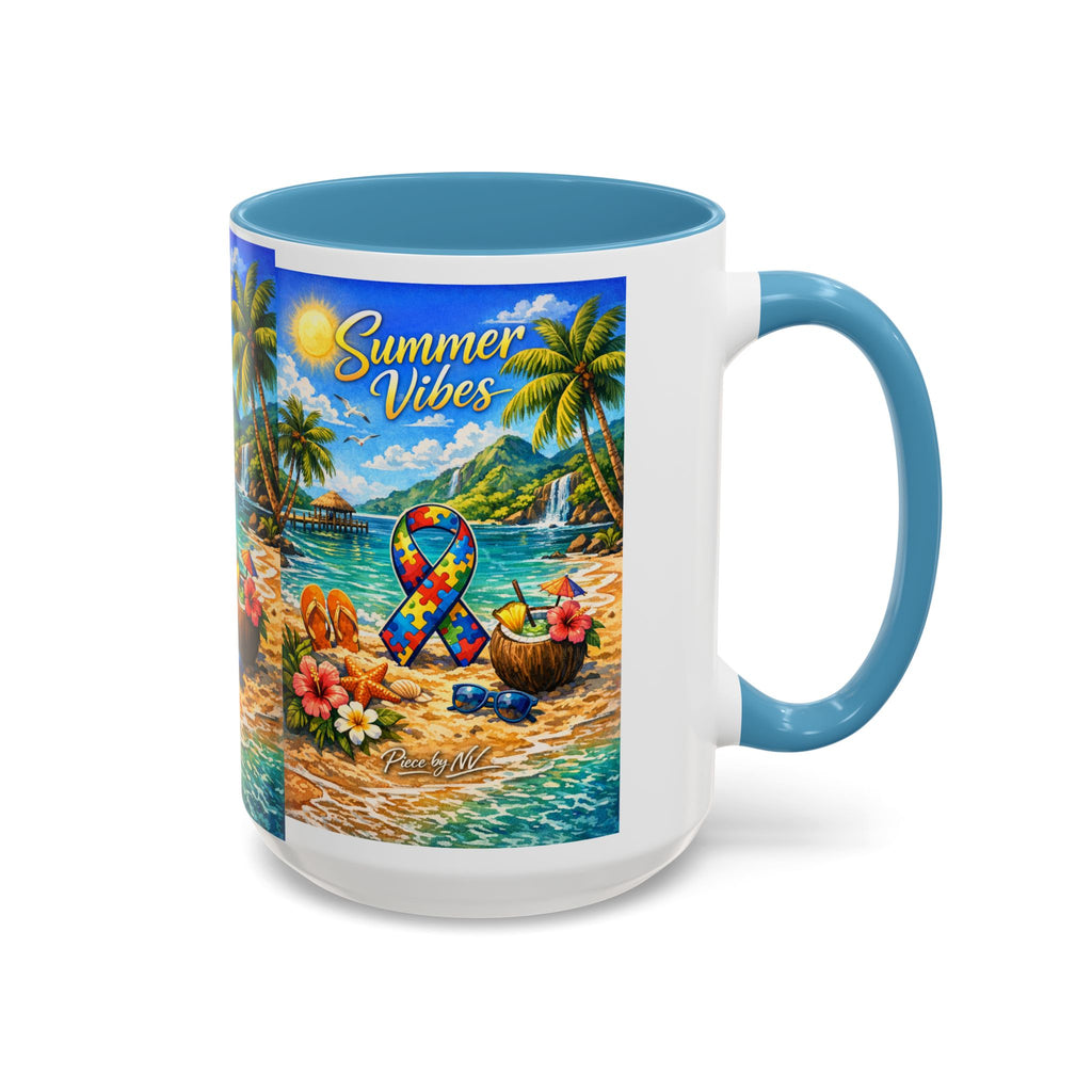 Tropical Palm Sunrise Mug | Ceramic Accent Coffee Mug 11oz 15oz, Summer Vibes Autism Awareness Mug – Tropical Beach Puzzle Ribbon Design