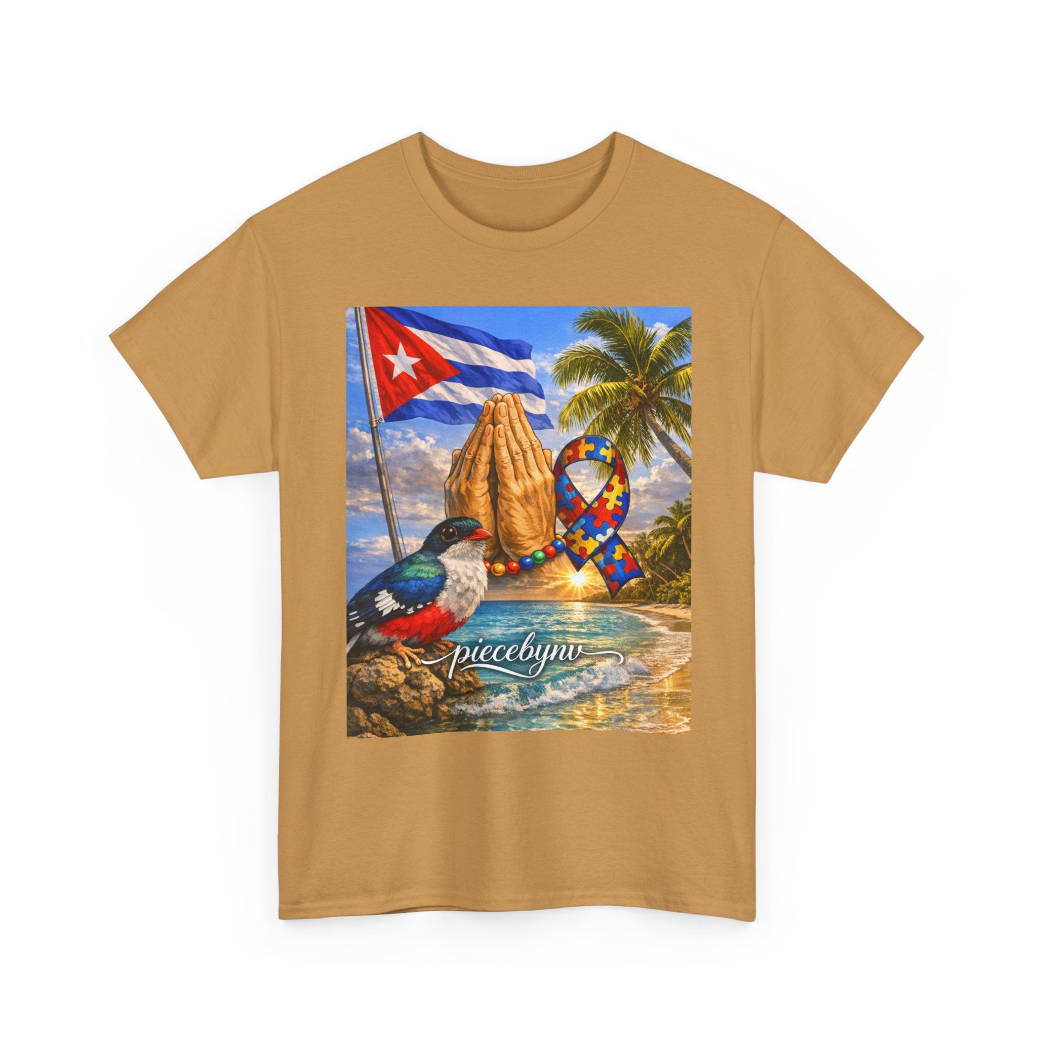Cuban Beach Scene Prayer Hands T-Shirt | Cuban Flag, Tropical Palms, Hummingbird