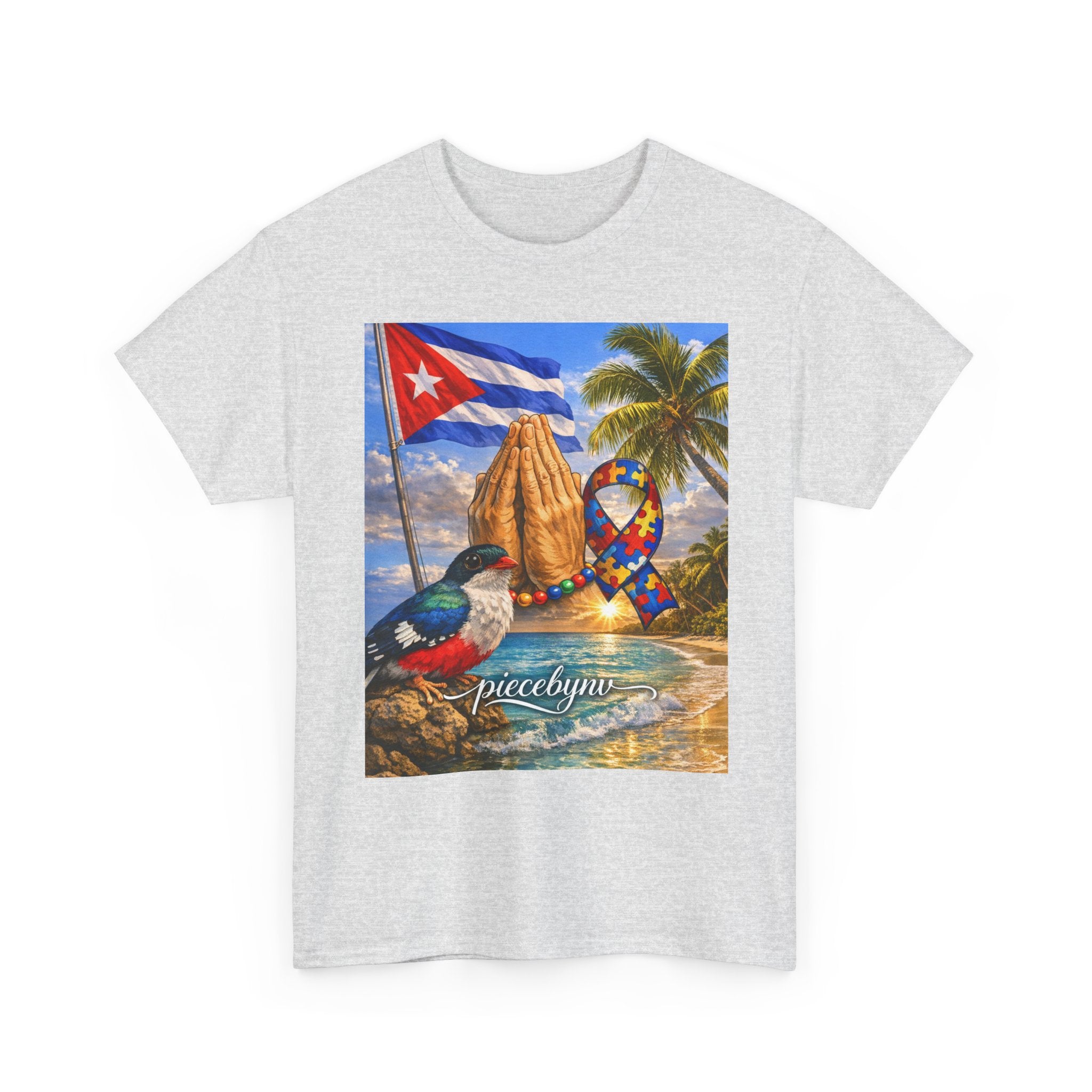 Cuban Beach Scene Prayer Hands T-Shirt | Cuban Flag, Tropical Palms, Hummingbird
