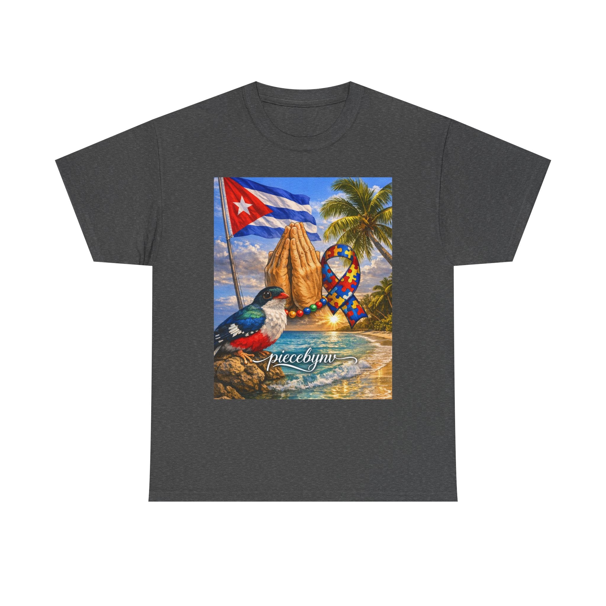 Cuban Beach Scene Prayer Hands T-Shirt | Cuban Flag, Tropical Palms, Hummingbird