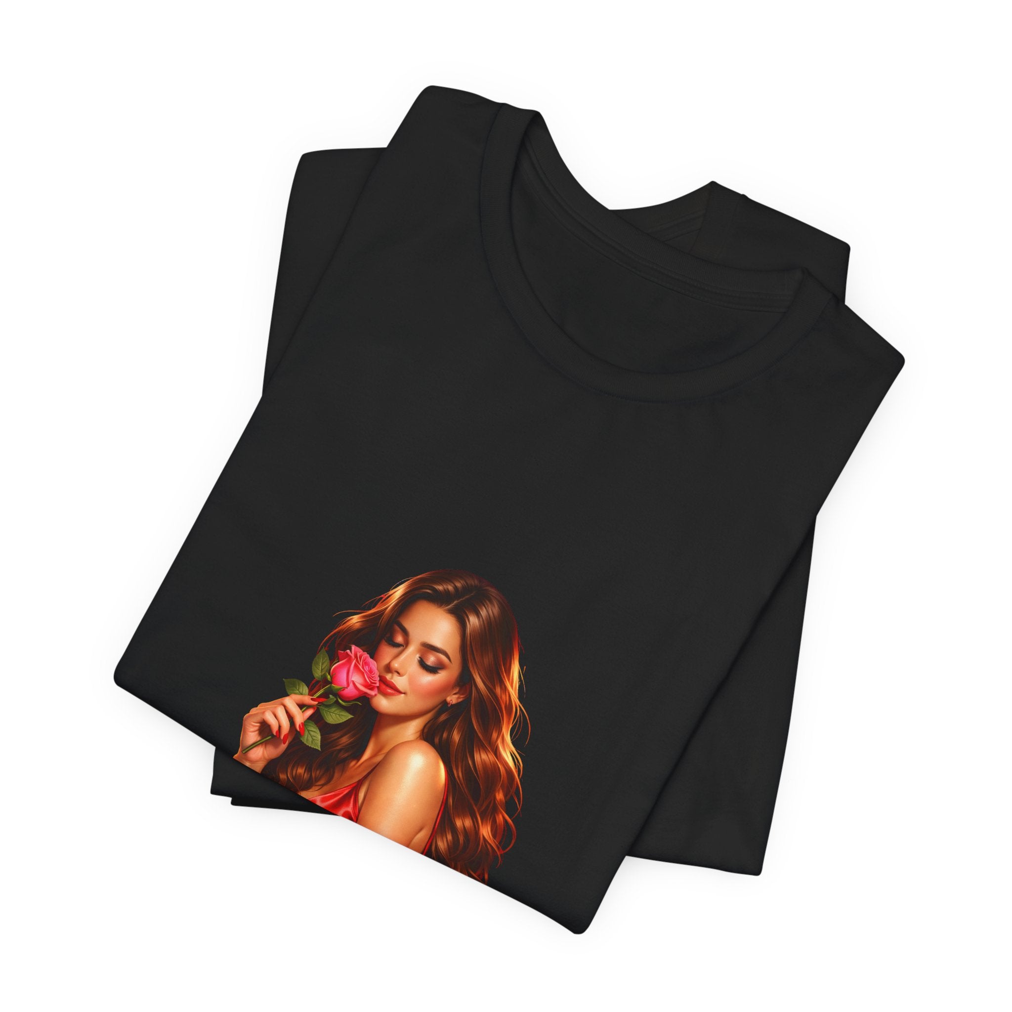 Woman with Rose Portrait Tee | Glamorous Red Dress Illustration