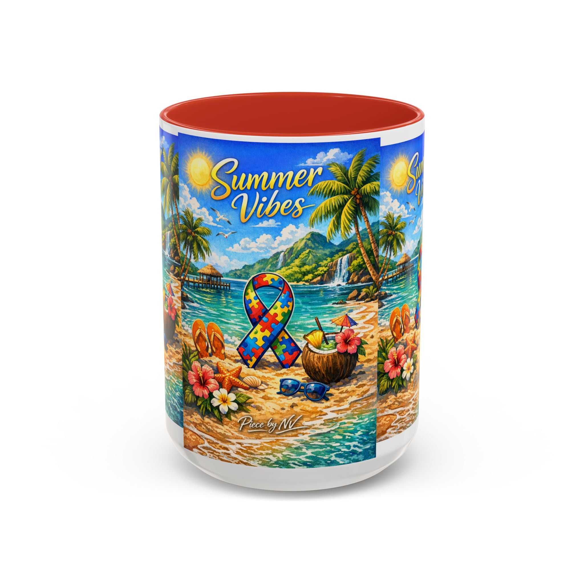 Tropical Palm Sunrise Mug | Ceramic Accent Coffee Mug 11oz 15oz, Summer Vibes Autism Awareness Mug – Tropical Beach Puzzle Ribbon Design