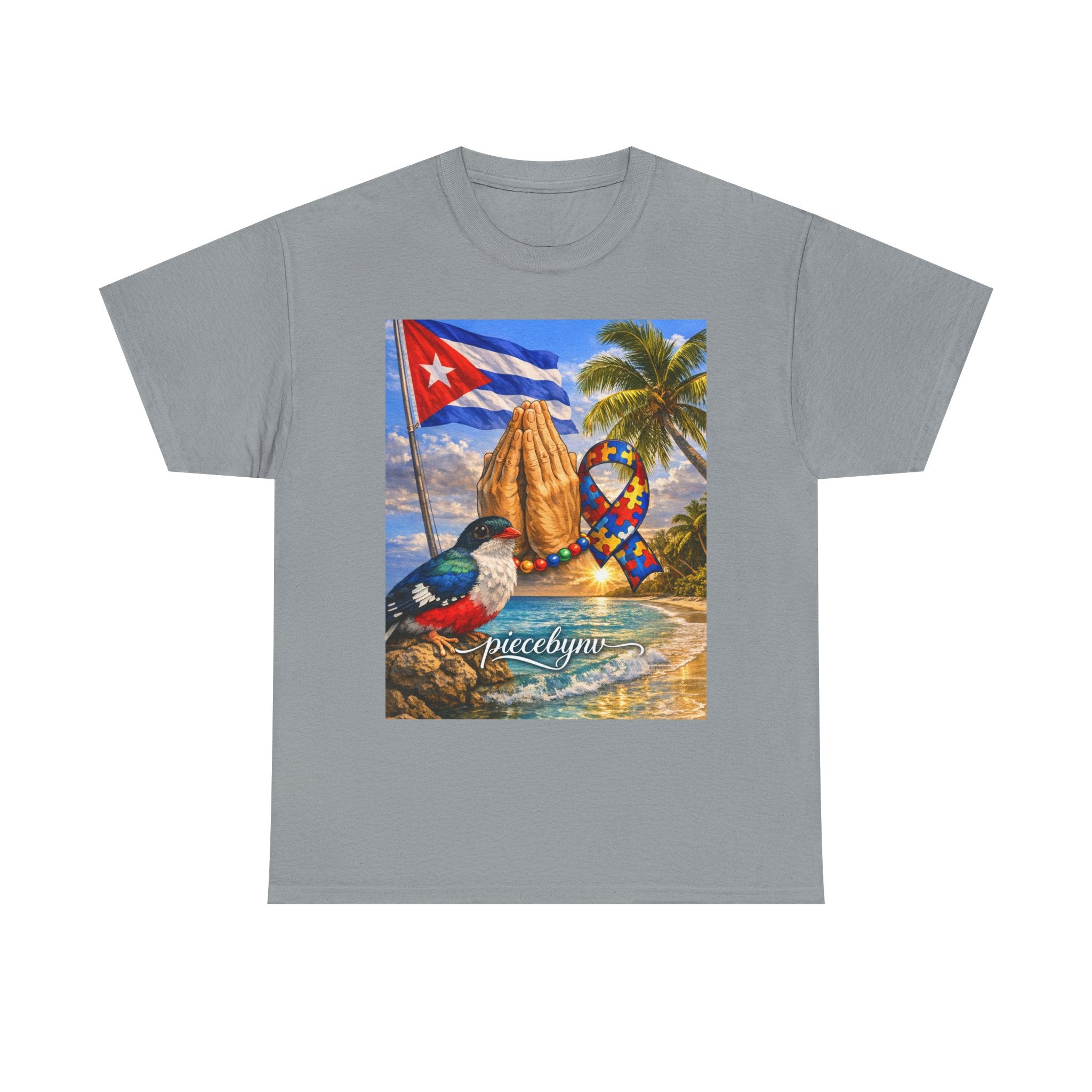 Cuban Beach Scene Prayer Hands T-Shirt | Cuban Flag, Tropical Palms, Hummingbird