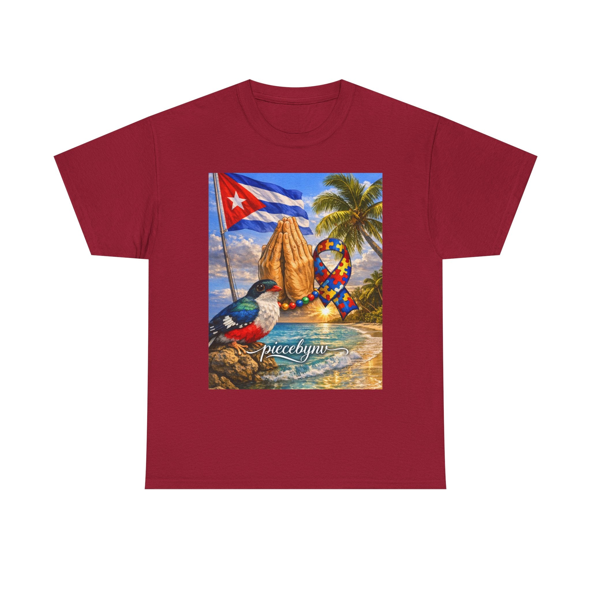 Cuban Beach Scene Prayer Hands T-Shirt | Cuban Flag, Tropical Palms, Hummingbird