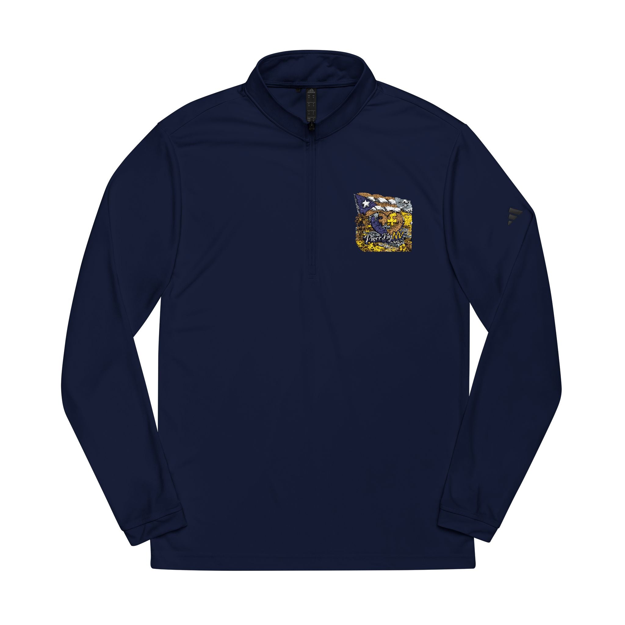 Embroidered Quarter-Zip Pullover — Abstract Gold & Navy Patch