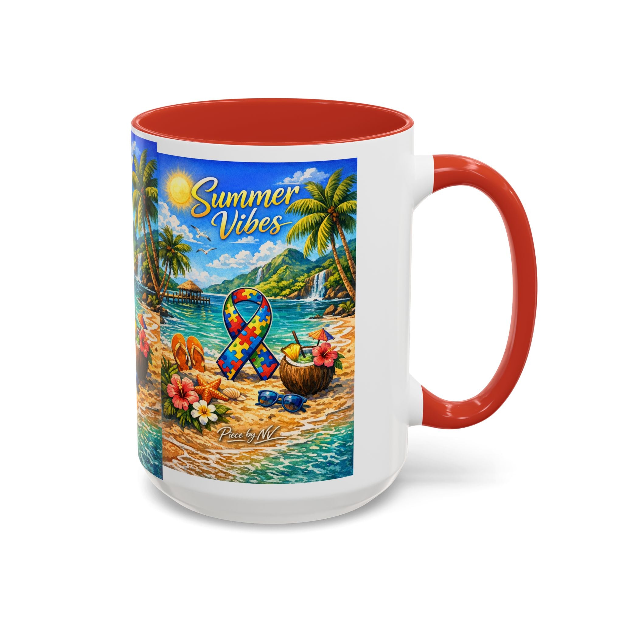 Tropical Palm Sunrise Mug | Ceramic Accent Coffee Mug 11oz 15oz, Summer Vibes Autism Awareness Mug – Tropical Beach Puzzle Ribbon Design