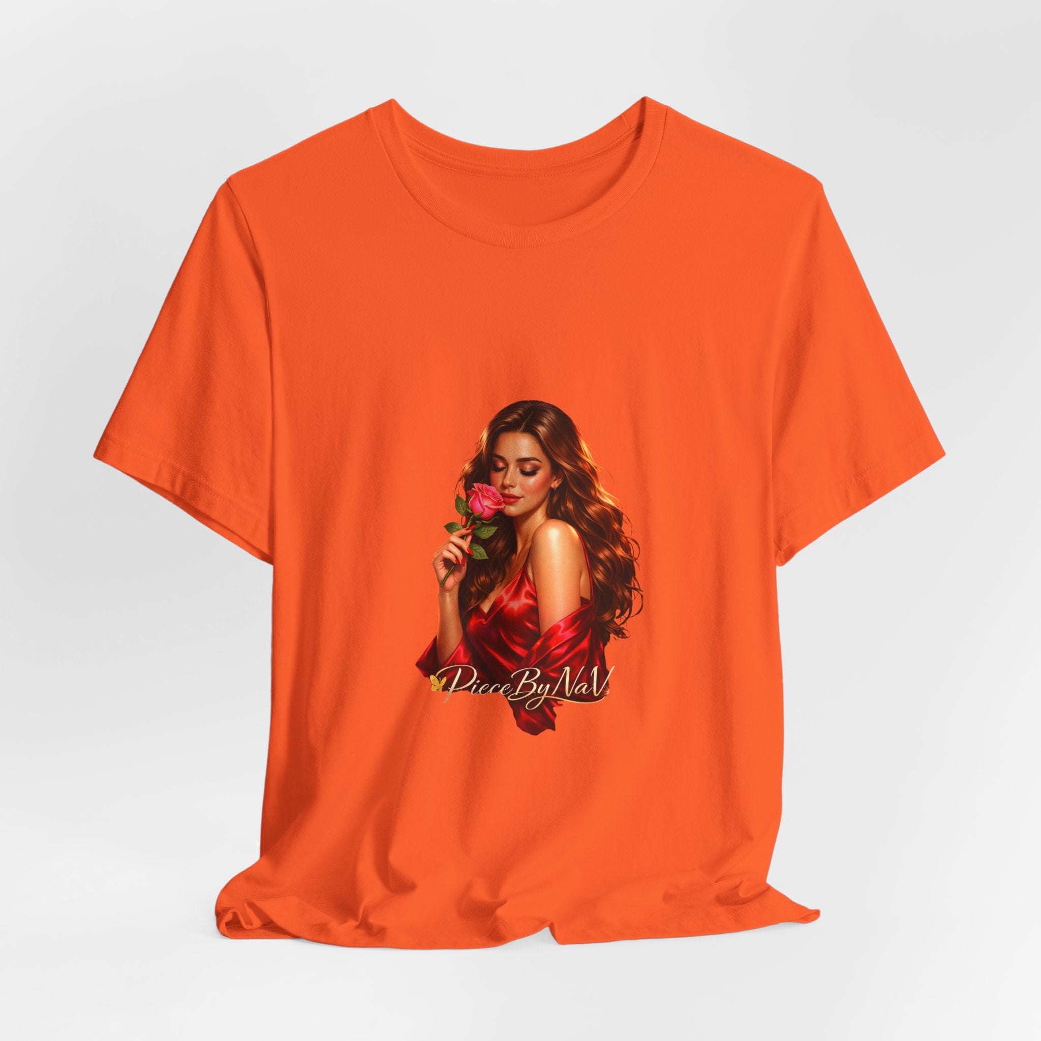 Woman with Rose Portrait Tee | Glamorous Red Dress Illustration