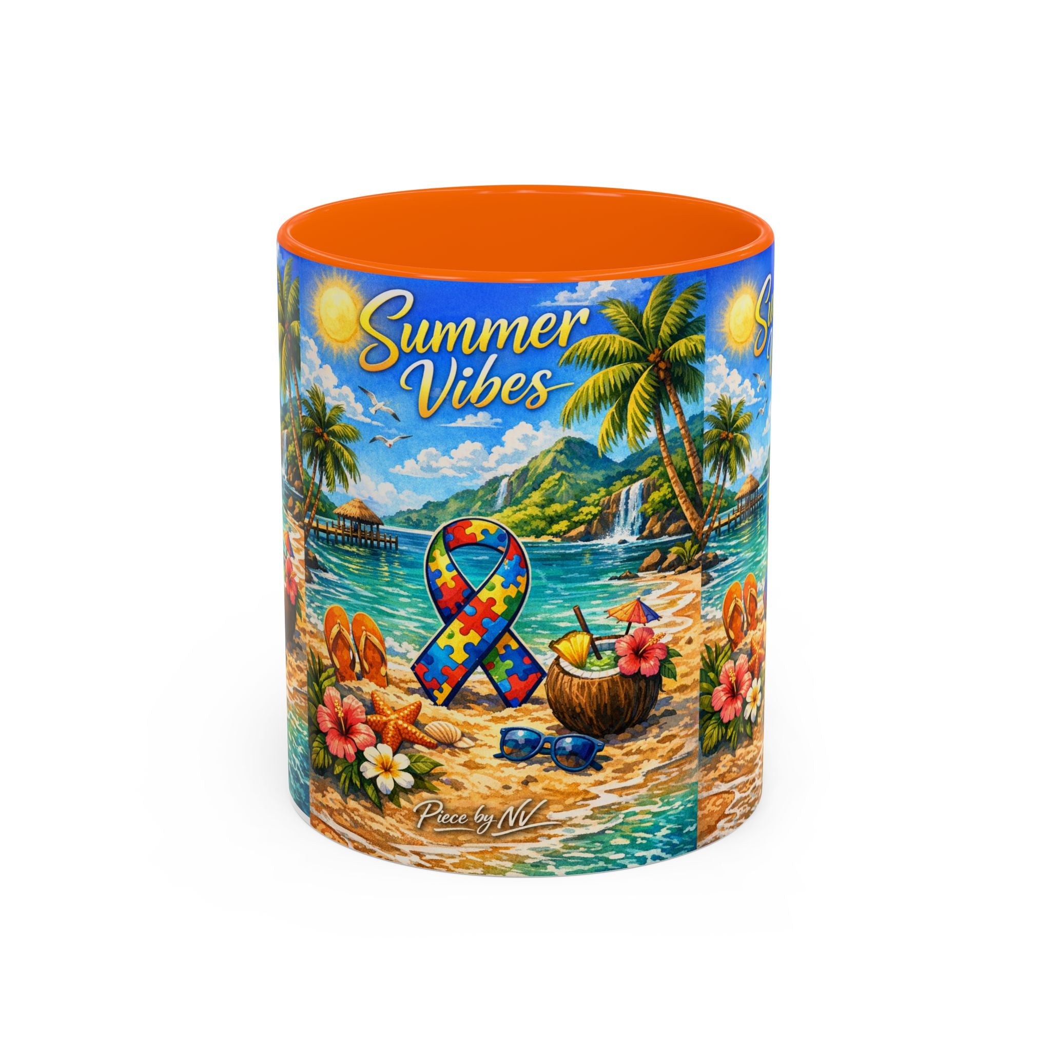 Tropical Palm Sunrise Mug | Ceramic Accent Coffee Mug 11oz 15oz, Summer Vibes Autism Awareness Mug – Tropical Beach Puzzle Ribbon Design
