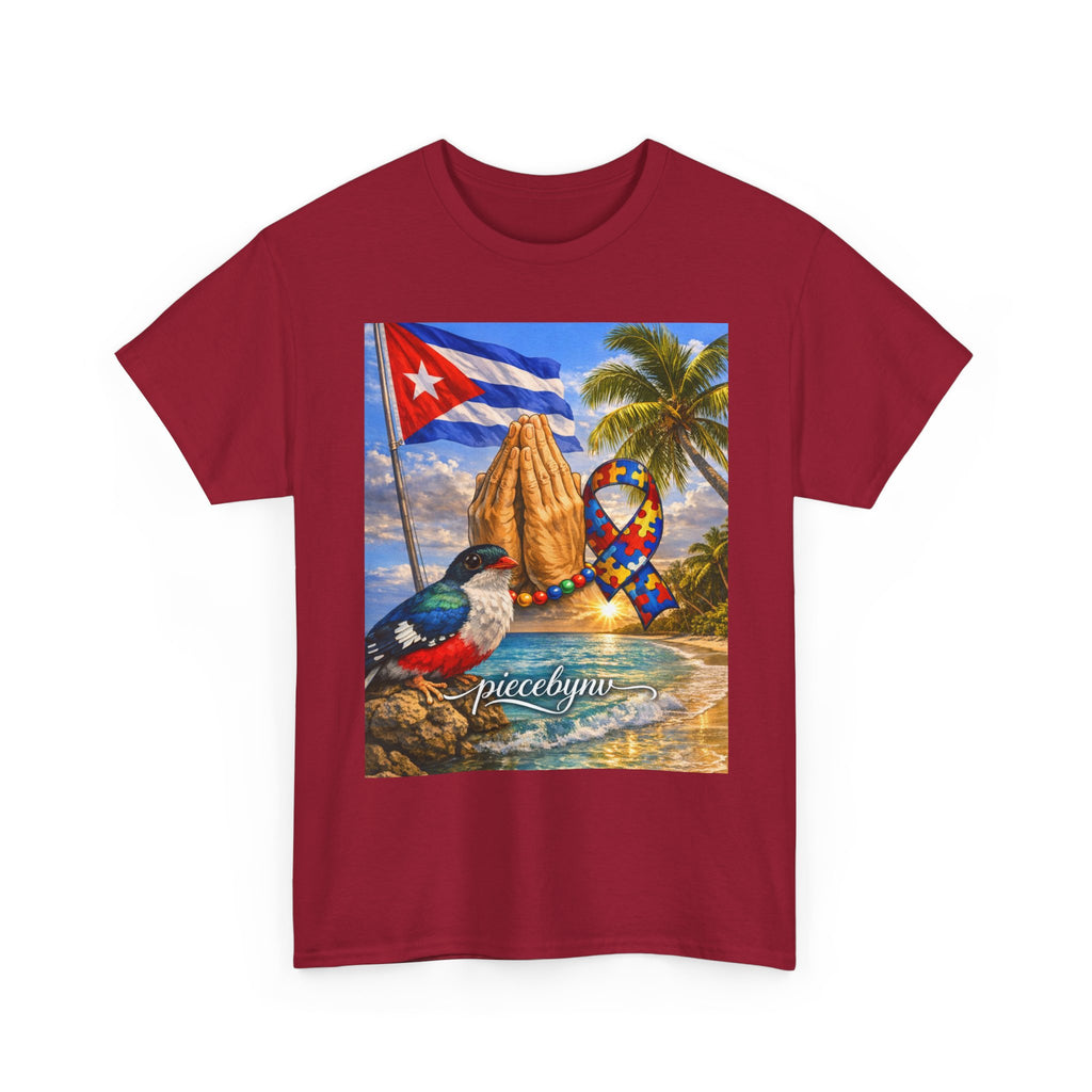 Cuban Beach Scene Prayer Hands T-Shirt | Cuban Flag, Tropical Palms, Hummingbird