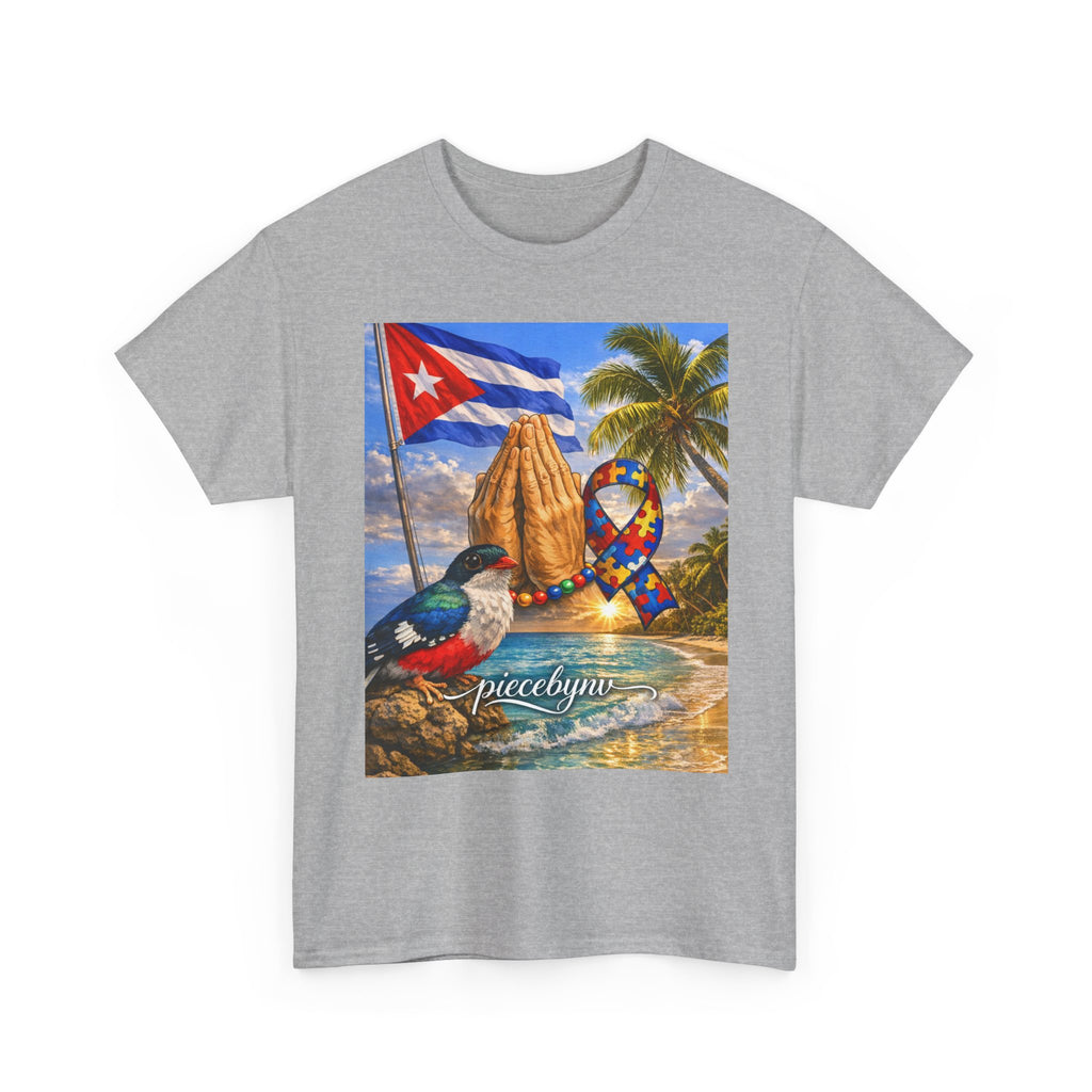 Cuban Beach Scene Prayer Hands T-Shirt | Cuban Flag, Tropical Palms, Hummingbird