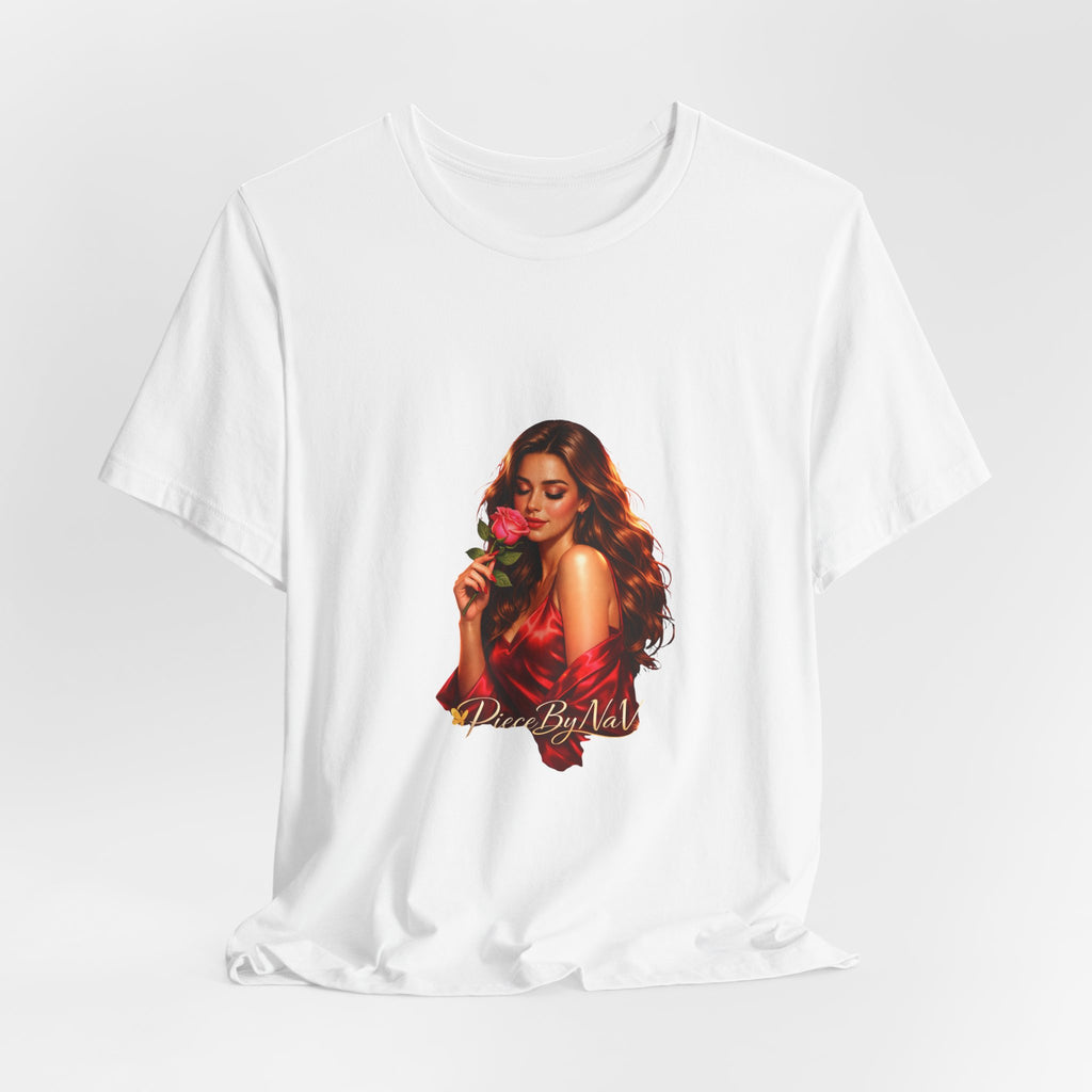 Woman with Rose Portrait Tee | Glamorous Red Dress Illustration