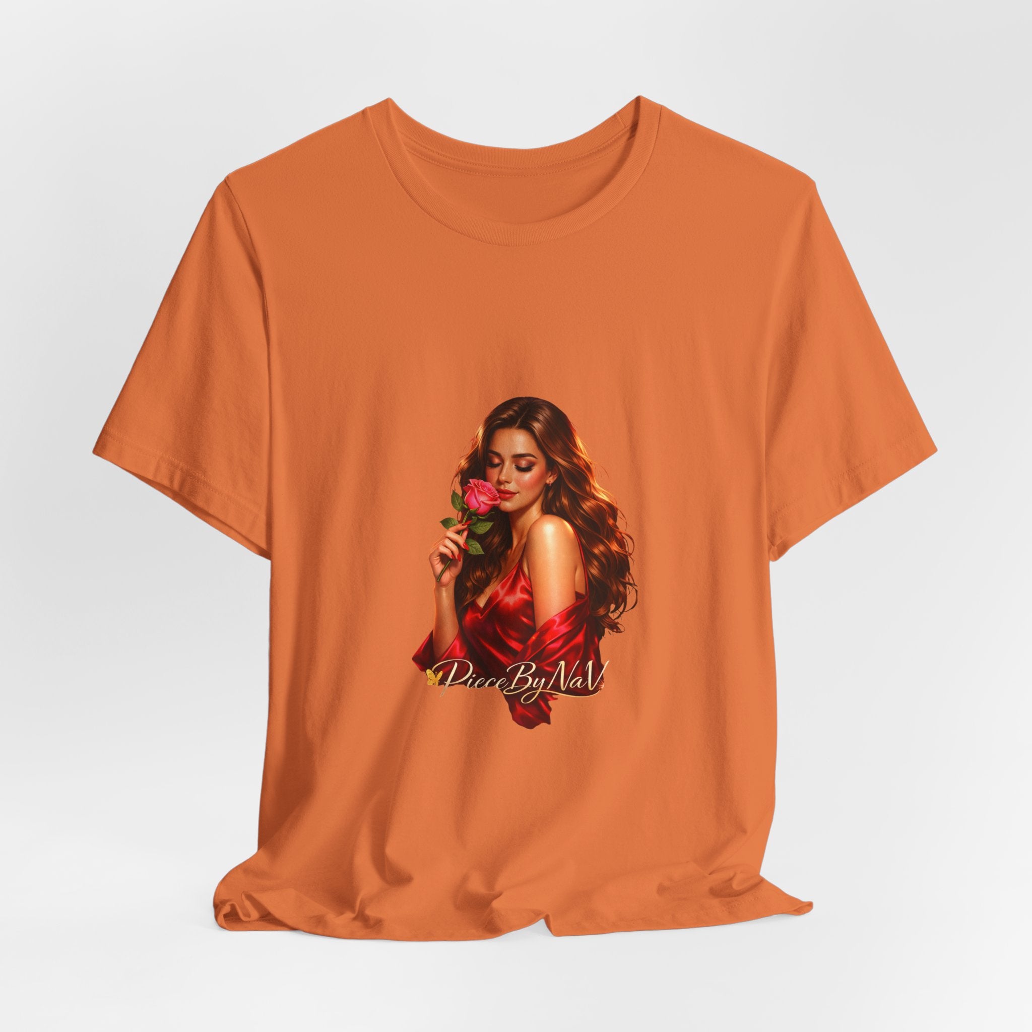 Woman with Rose Portrait Tee | Glamorous Red Dress Illustration