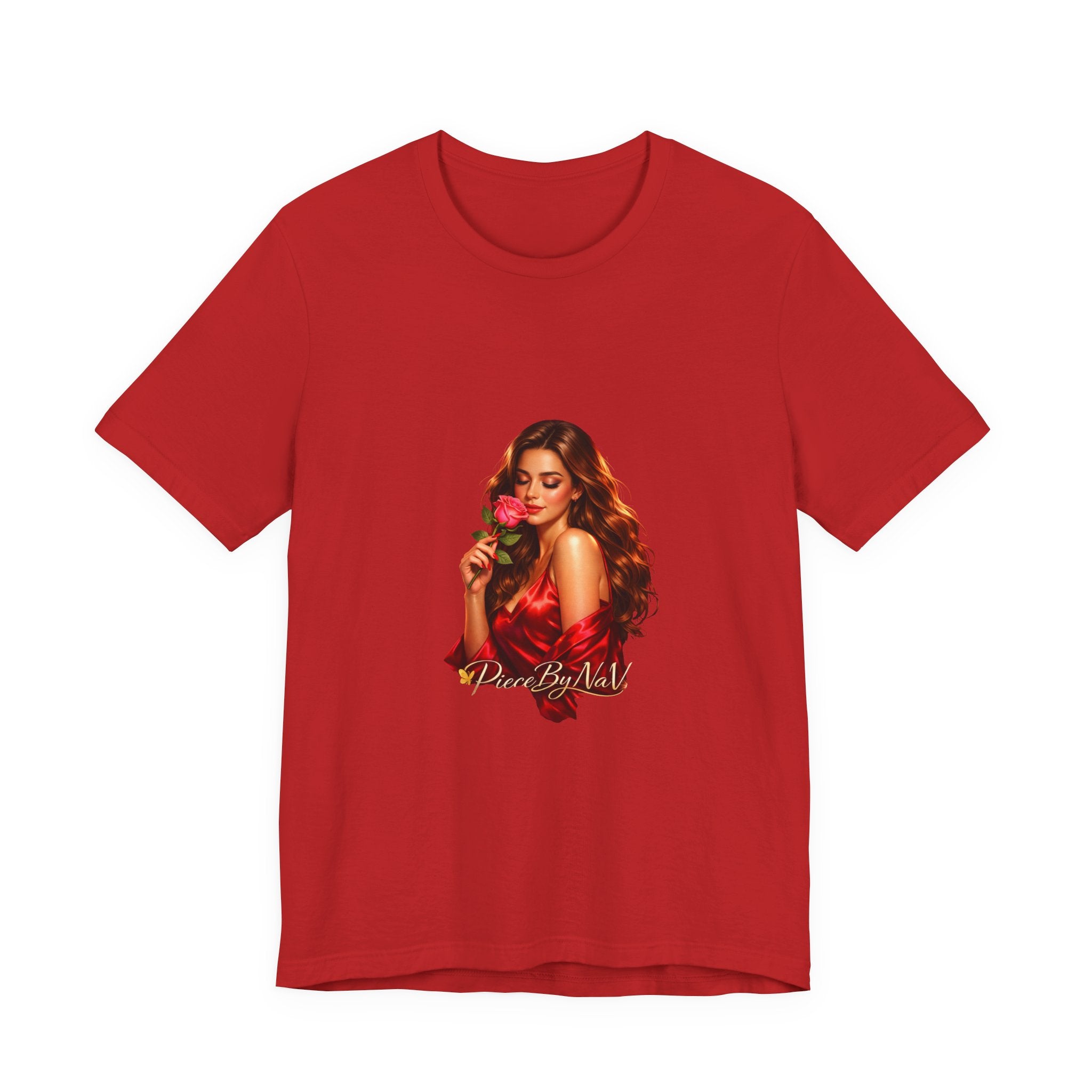 Woman with Rose Portrait Tee | Glamorous Red Dress Illustration