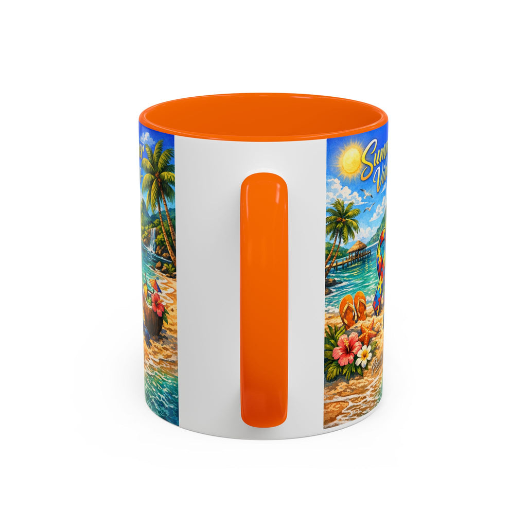 Tropical Palm Sunrise Mug | Ceramic Accent Coffee Mug 11oz 15oz, Summer Vibes Autism Awareness Mug – Tropical Beach Puzzle Ribbon Design