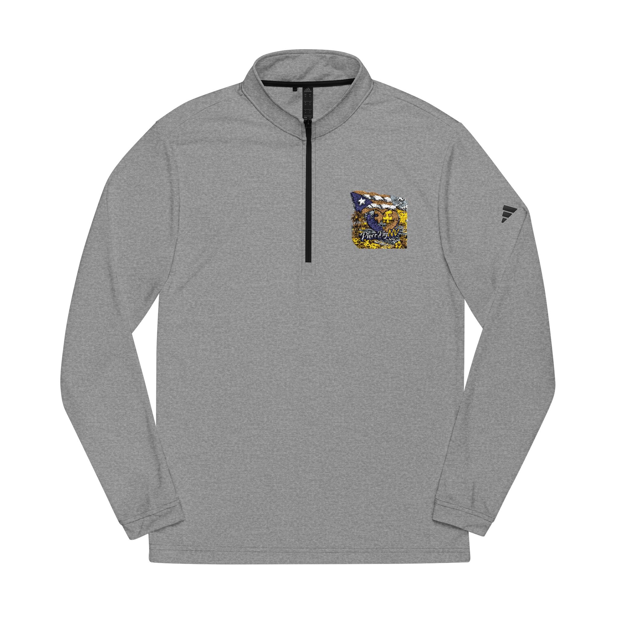 Embroidered Quarter-Zip Pullover — Abstract Gold & Navy Patch