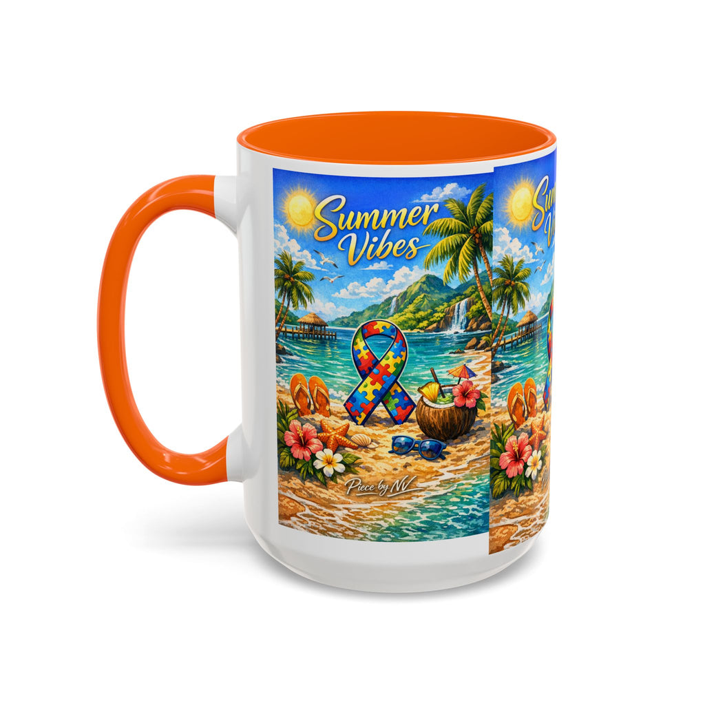 Tropical Palm Sunrise Mug | Ceramic Accent Coffee Mug 11oz 15oz, Summer Vibes Autism Awareness Mug – Tropical Beach Puzzle Ribbon Design