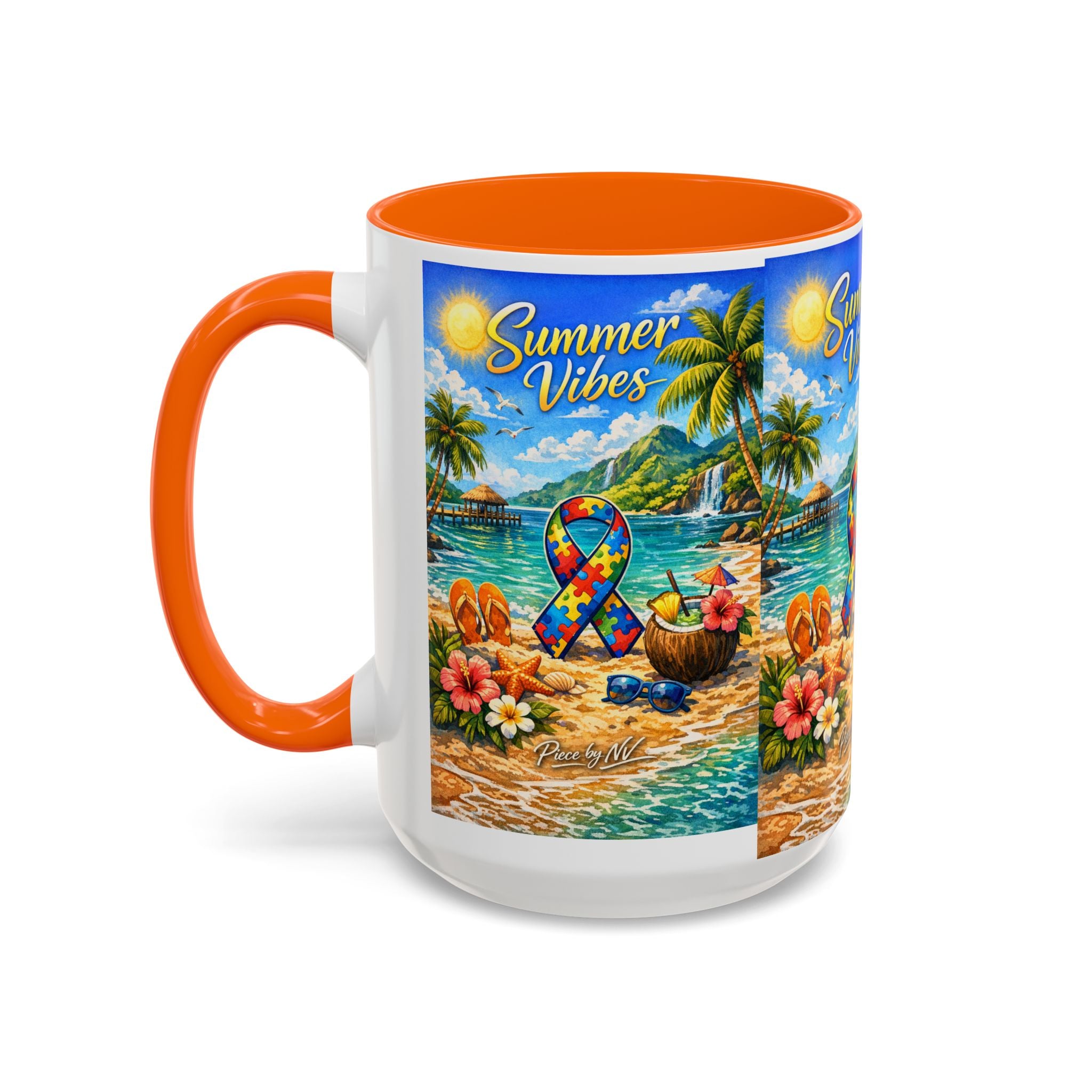 Tropical Palm Sunrise Mug | Ceramic Accent Coffee Mug 11oz 15oz, Summer Vibes Autism Awareness Mug – Tropical Beach Puzzle Ribbon Design