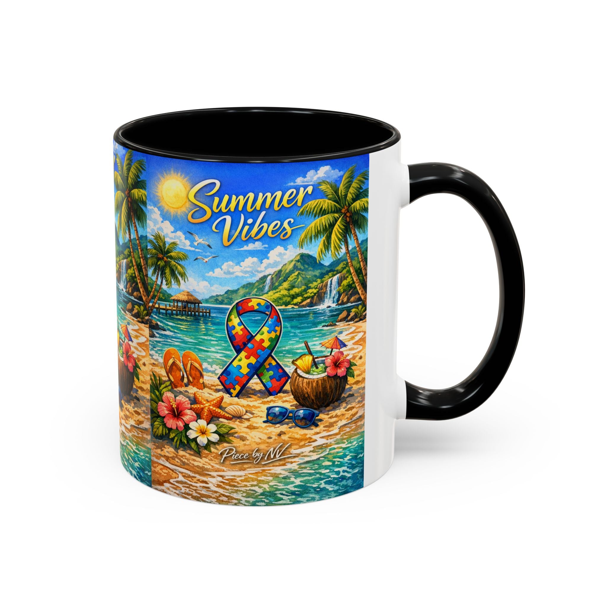 Tropical Palm Sunrise Mug | Ceramic Accent Coffee Mug 11oz 15oz, Summer Vibes Autism Awareness Mug – Tropical Beach Puzzle Ribbon Design